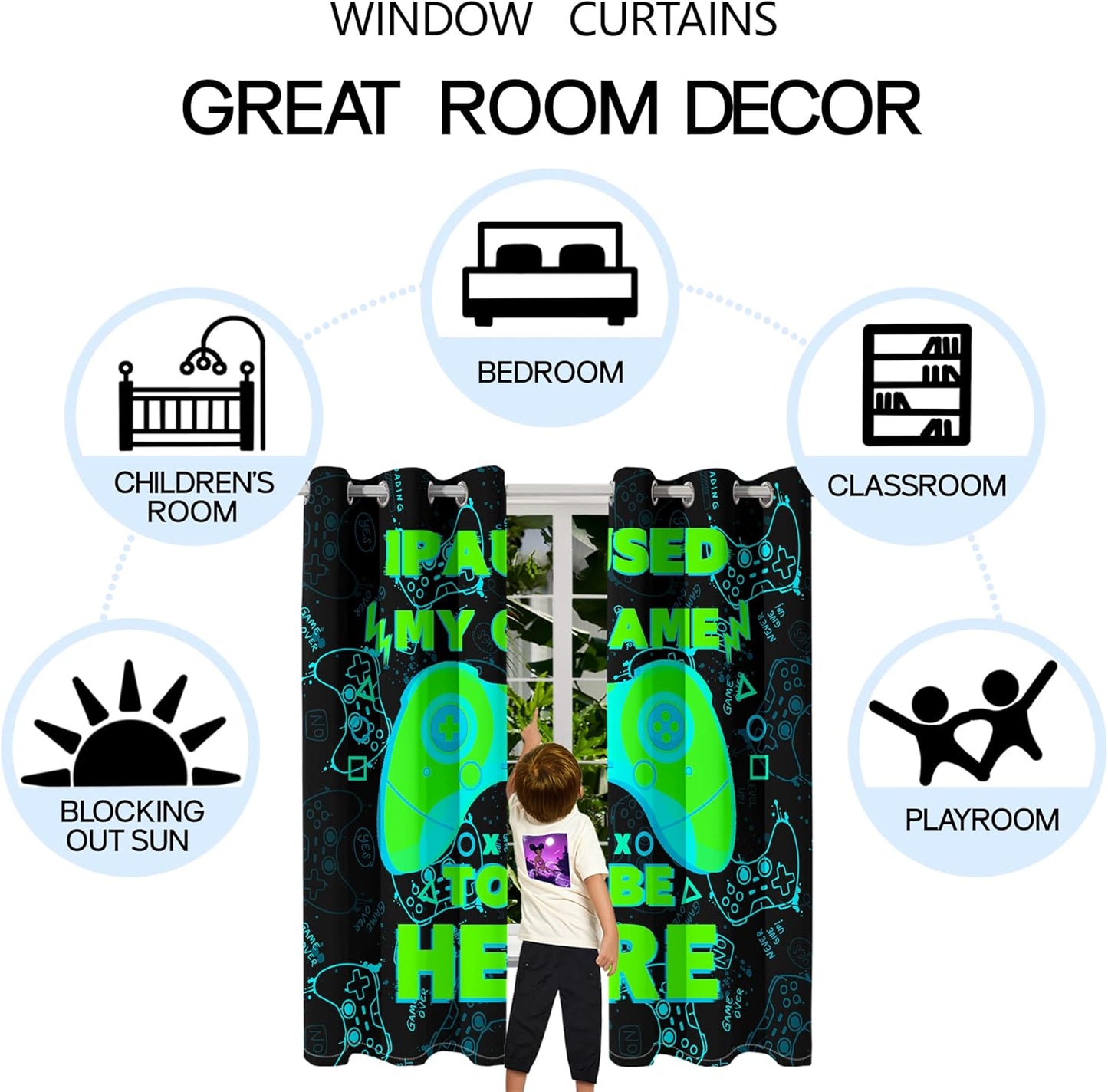 Gaming Curtain for Boys - 2Pcs Gamer Curtain Panels for Boys Bedroom Blackout Drapes Modern Games Patterns Windows Curtains Green Game Room Decor Grommet Top Thermal Insulated Curtains, 82" x 63"