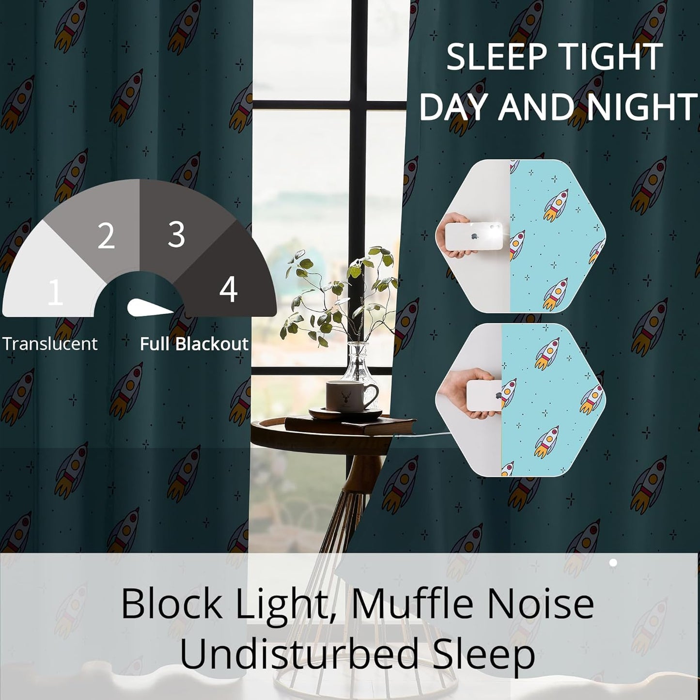 Kids Space Rockets Blackout Curtains - 100% Blackout, Thermal Insulated, Noise Reducing, Perfect for Kids Room and Nursery, 2 Panels (Aqua Mini Rockets, W52×L84)