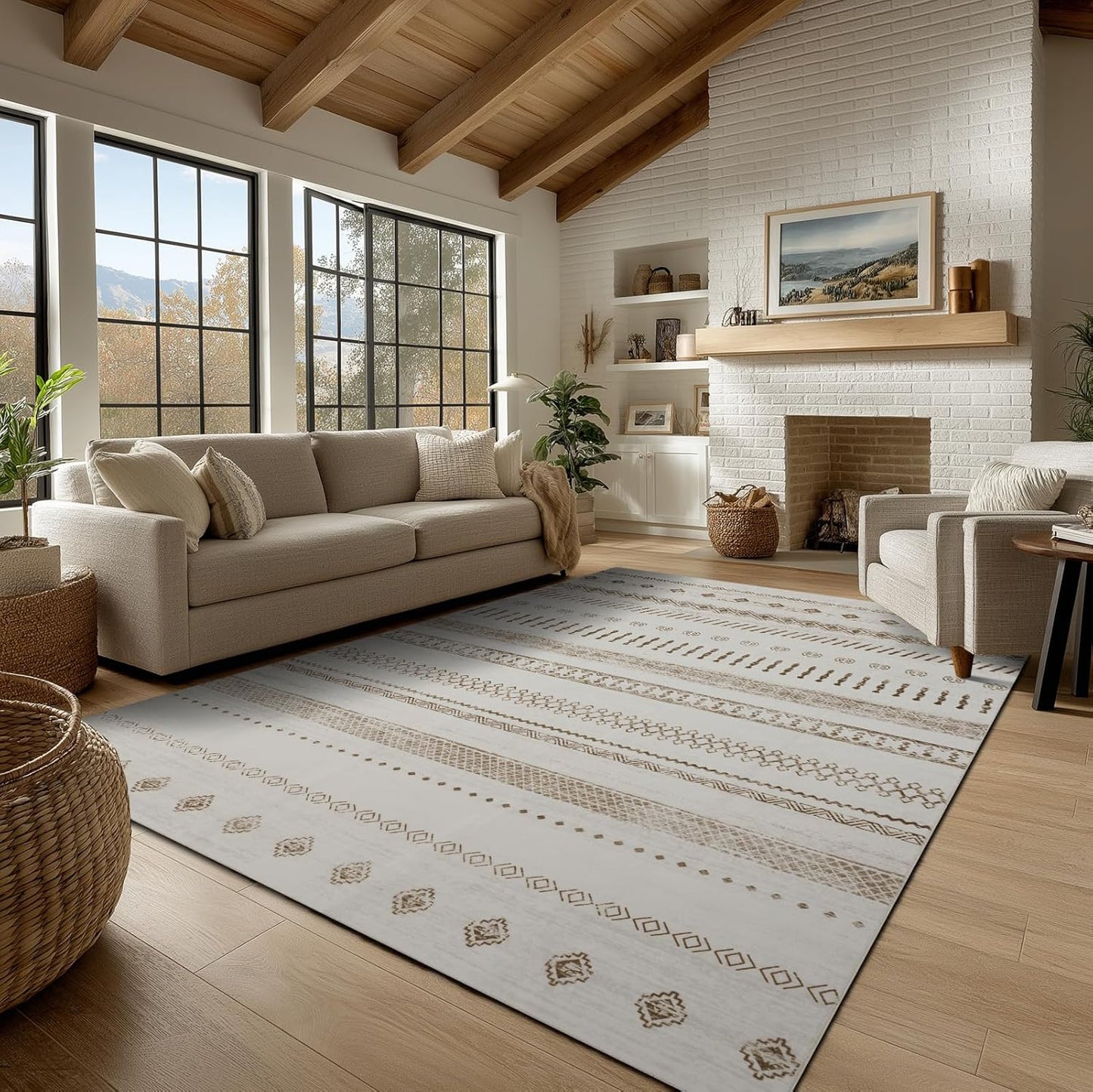 Washable Rugs 5x7 Area Rugs for Living Room, Thin Carpet for Bedroom, Boho Soft Faux Wool Retro Dining Room Rug，Non Slip&Non-Shedding Resistant Low Pile Vintage Print Rug for Home Office (Beige)