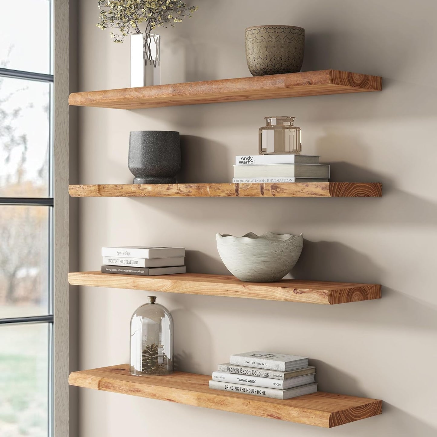 Rustic Elm Wood Floating Shelf for Wall, Live Edge 48"W x 9.2"D x 1.4"H, 1 Pack with Invisible Bracket, Large Wall Mounted Storage Shelf for Living Room Bedroom Kitchen Bathroom Decor, Natural Finish