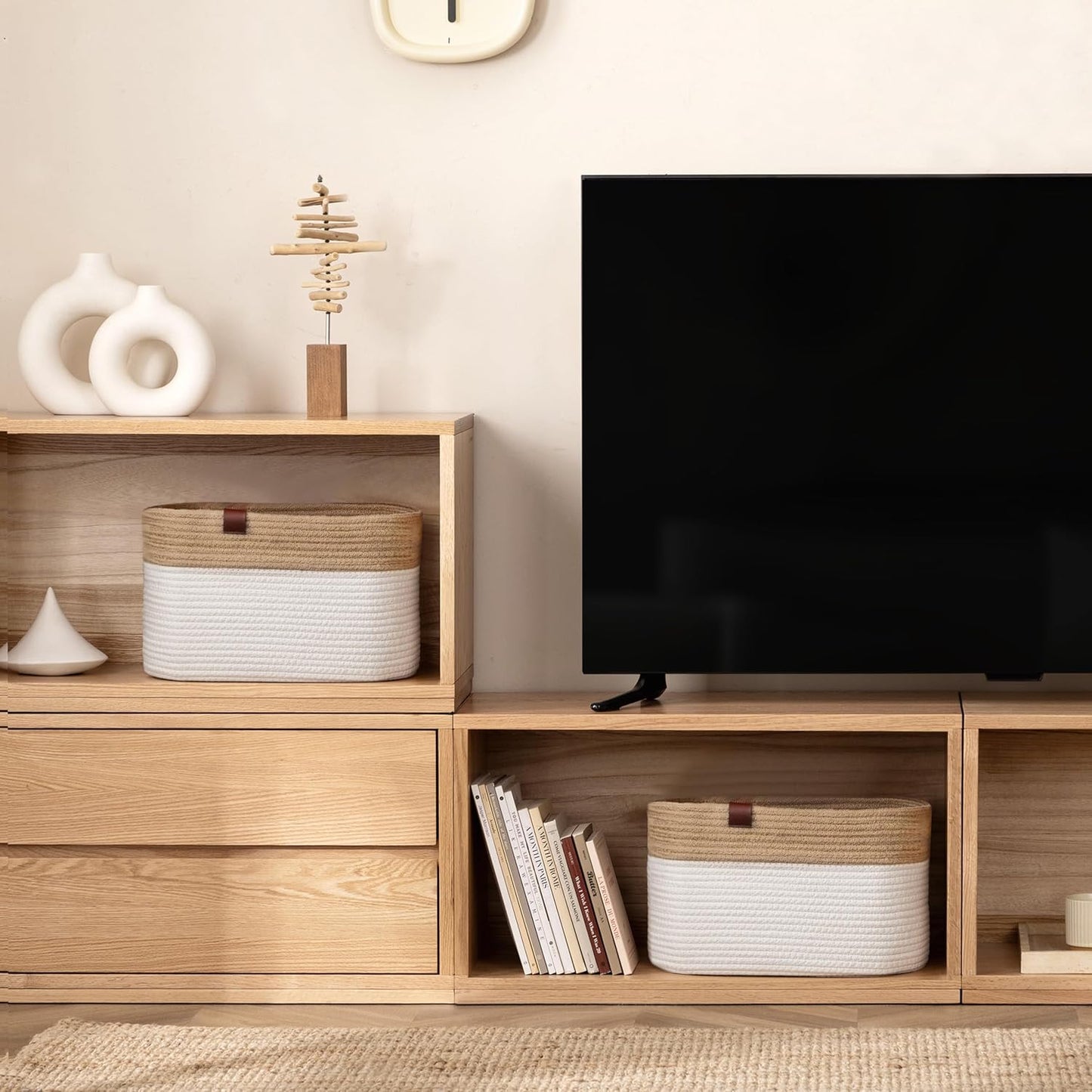 UBBCARE 2 Pack Baskets for Organizing, Woven Storage Baskets with Label for Toys and Towel, Rectangle Cotton Rope Basket with Handles, 15''L x10''W x9''H, Jute&White