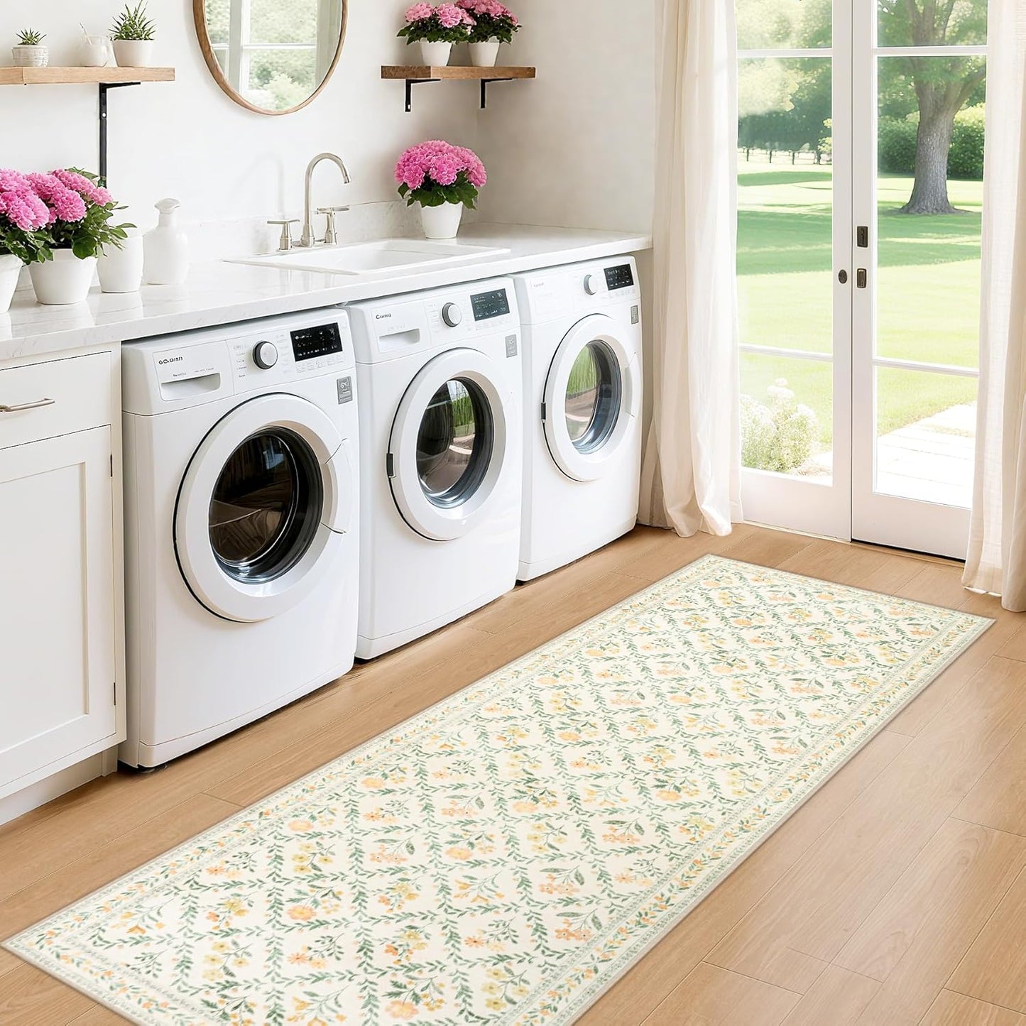 Runner Rug for Entryway: 2x6 Kitchen Rugs Non Slip Washable Ultra-Thin Soft Floral Carpet Indoor Floor Stain Resistant Carpets for Hallway Bedroom Kitchen Laundry Bathroom Dorm Beige/Multi