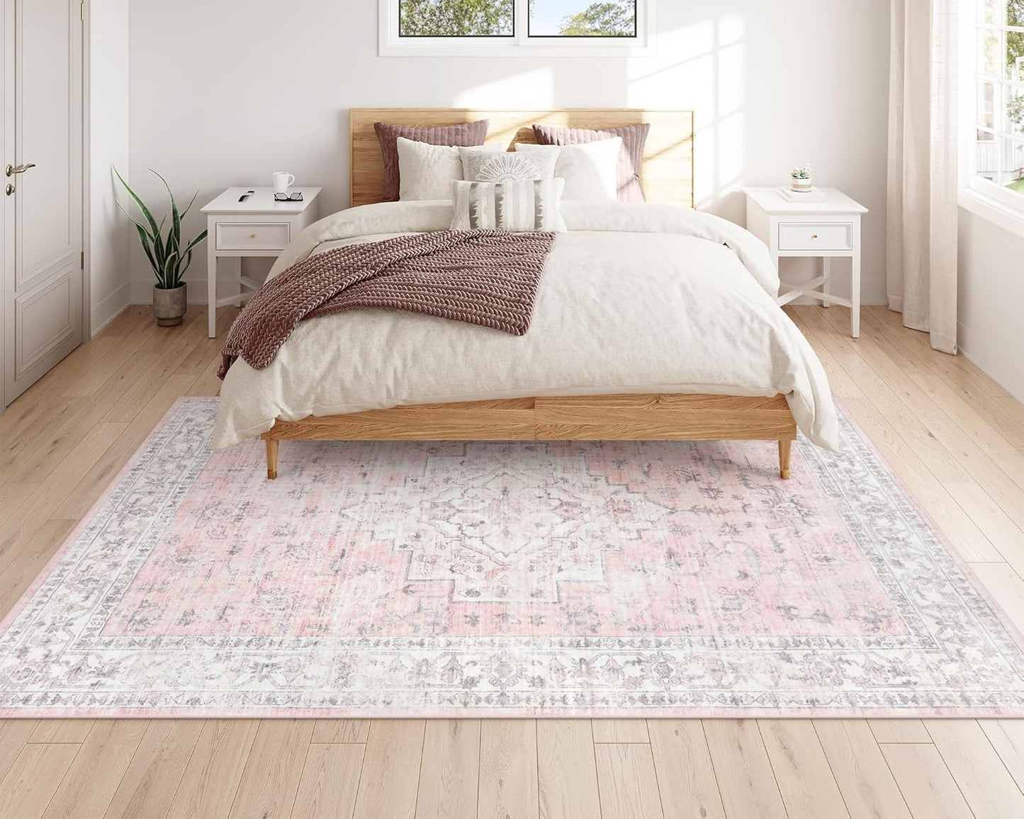 LIVEBOX Pink 5x7 Area Rug for Bedroom Girls, Boho Washable Rugs for Living Room Nursery, Non-Slip Indoor Soft Carpet Low-Pile Farmhouse Carpets for Dining Room Kids Playroom, Pink