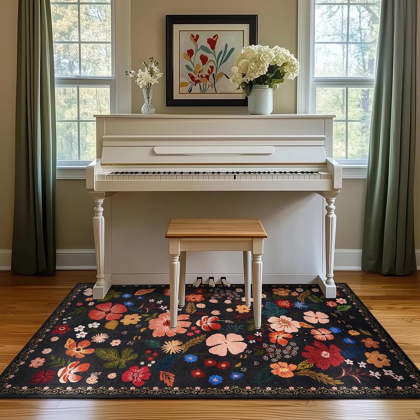 Black Area Rug 5x7 for Bedroom Washable Boho Farmhouse Floral Rugs for Living Room Vintage Aesthetic Stain Resistant Non-Slip Soft Low Pile Thin Floor Carpet for Living Room Dining Room Nursery