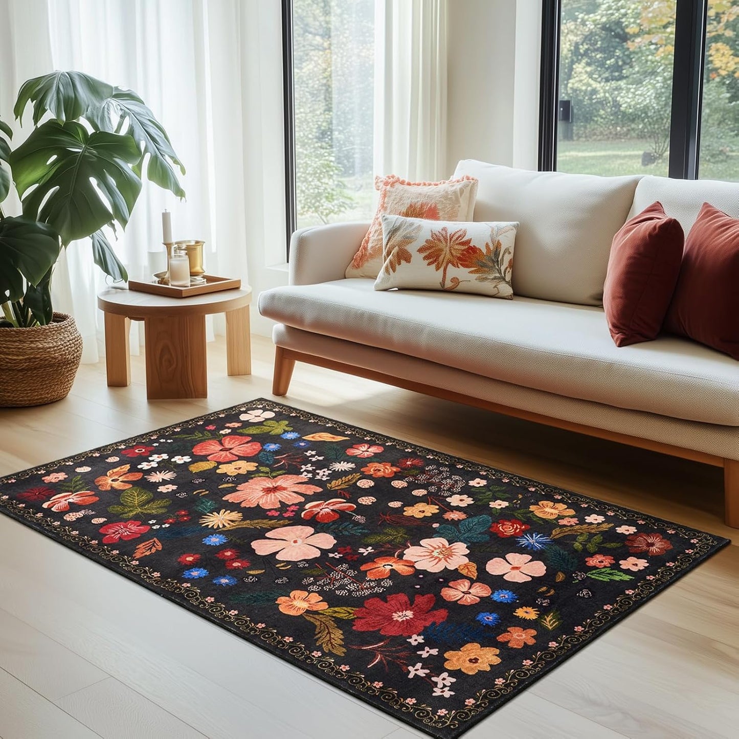 Area Rugs 3x5 for Living Room Machine Washable Soft Faux Fur Black Small Carpet Rug Low Pile Non Slip Stain Resistant Vintage Boho Floral Rugs for Bedside Indoor Entrance Nursery Study Room