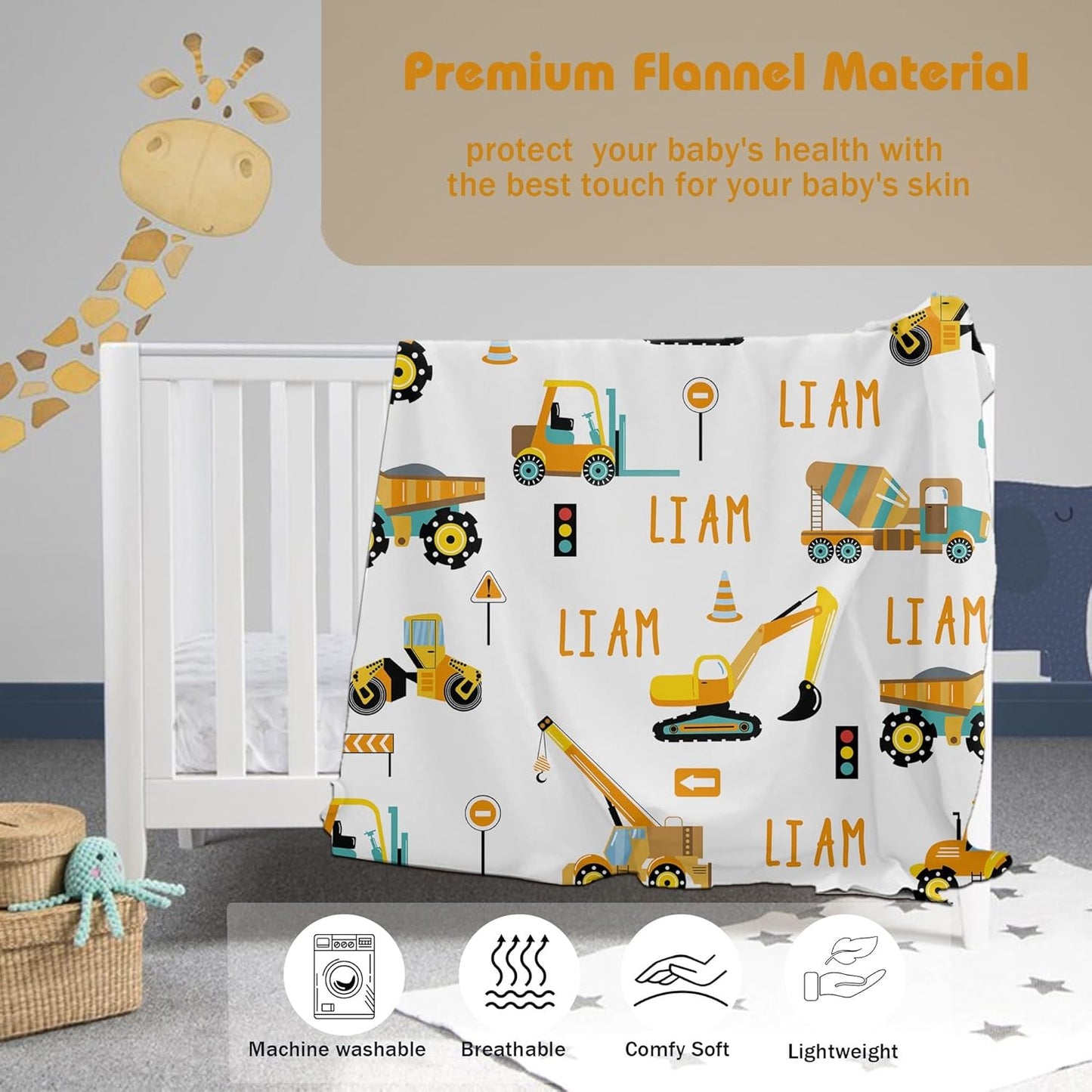 Personalized Truck Excavator Blanket with Name Cutsom Blanket for Baby Boy Car Lover Toddler Kids Customized Gifts for Baby Shower Christmas Birthday Newborn Gifts