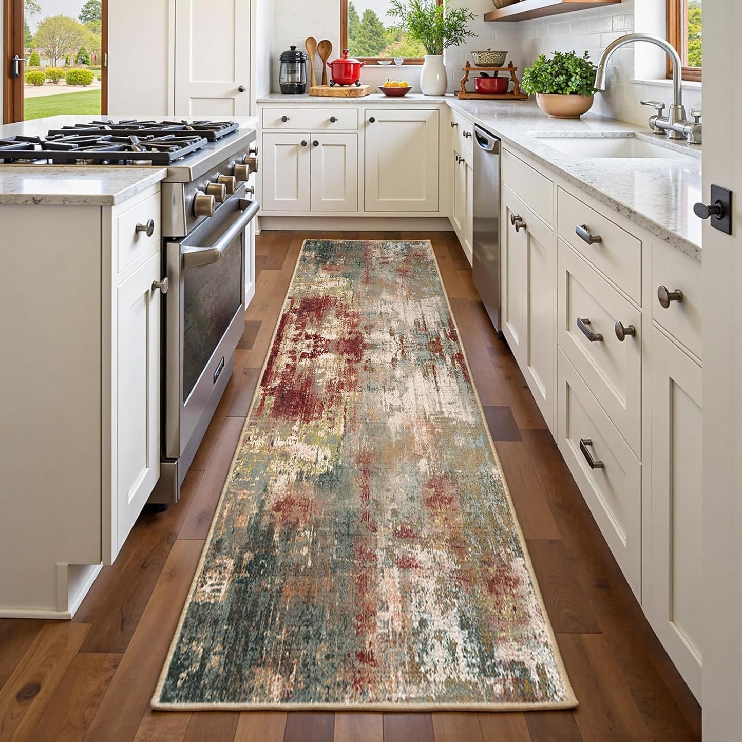 Washable Area Rugs 2'x6' Non-Slip Modern Abstract Soft for Living Room Entryway Bedroom Nursery, Print Pattern, Brown Rust Red Multi