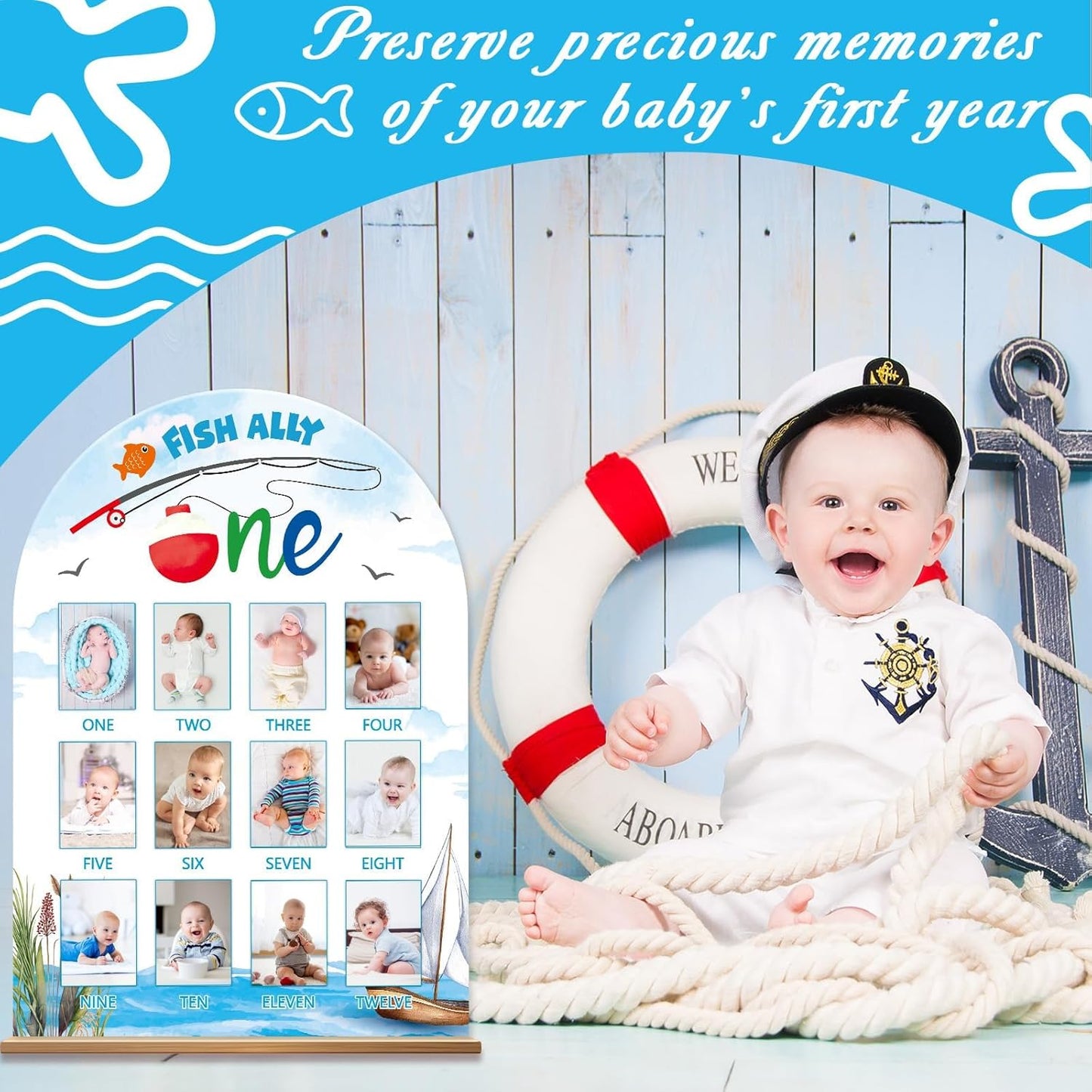 Ofishally One First Year Photo Board The Big One Fishing Birthday Decorations 12 Monthly Milestone Wood Picture Frame 1st Birthday Photo Banner for Baby Boys Keepsake Gift Gone Fishing Party Supply