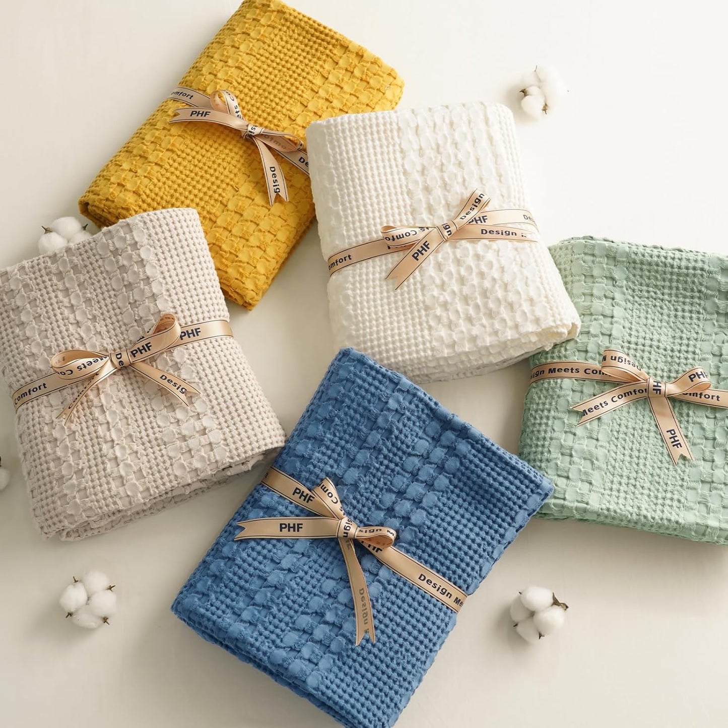 PHF 100% Cotton Waffle Weave Blanket King Size, Soft Lightweight Breathable Cozy Summer Blankets for Bed, Luxury Aesthetic Woven Bedding for Home Decor, 108"x90", Ivory