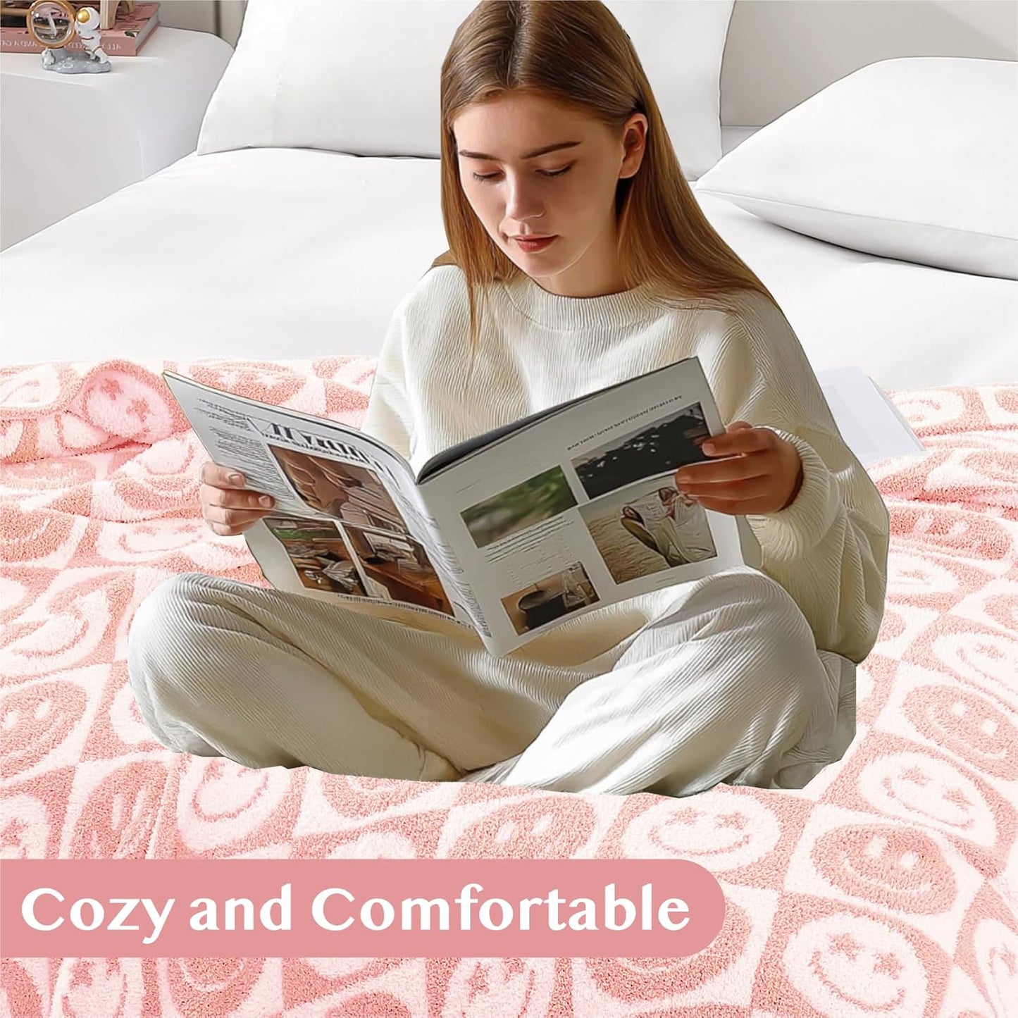 WRENSONGE Checkered Throw Blanket Blossom Smiling Face Soft Cozy Fluffy Warm Hand Made Weave Throw Blankets for Couch, Sofa, Chair, Bed, Camping, Picnic, Travel Lightweight Bed Blanket - 60"*80"