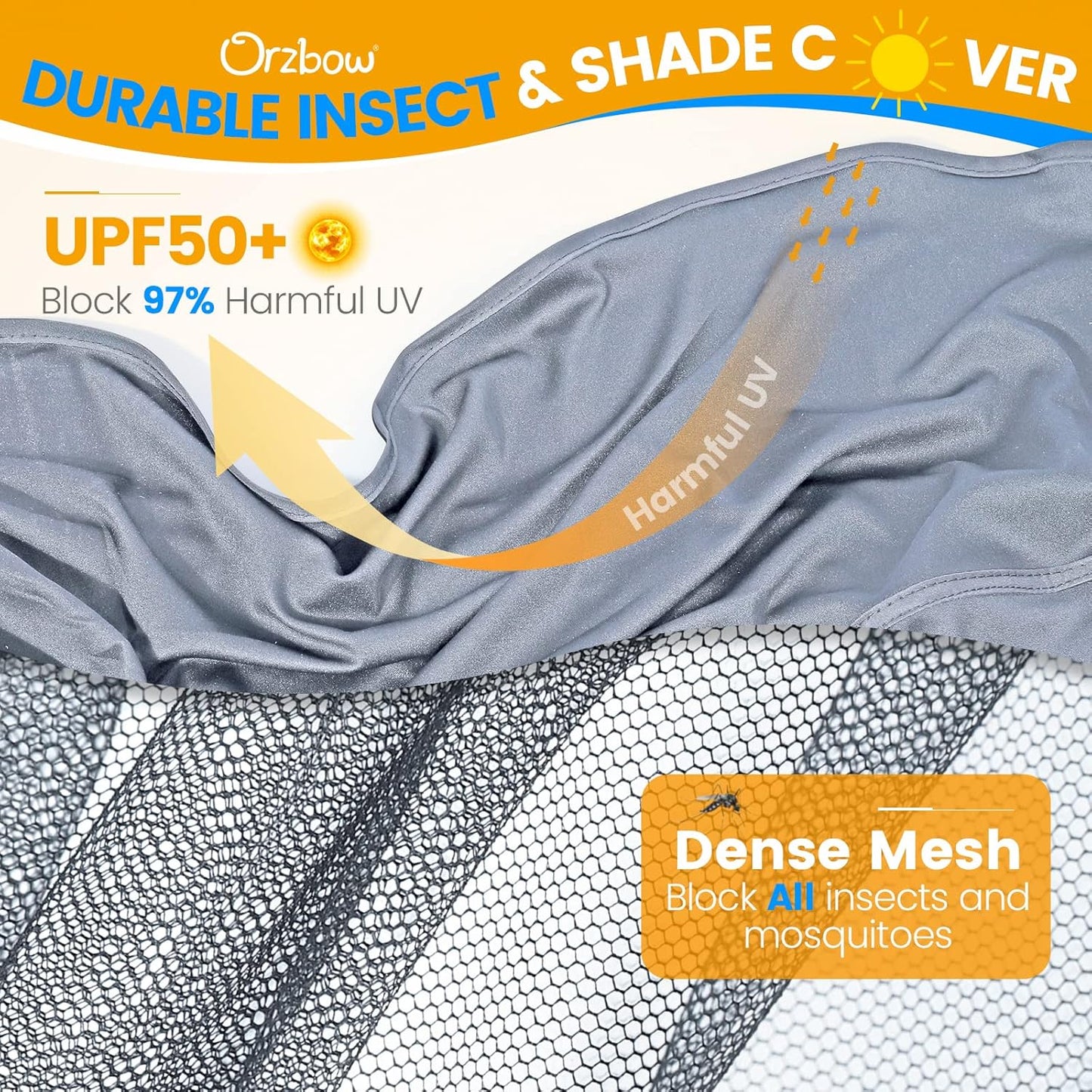 Orzbow 2-in-1 Baby Mosquito Net with UPF50+ Sunshade for Stroller, Breathable Stroller Mosquito Netting Privacy Cover with Two-Way Zipper & Storage Bag for Bassinet, Car Seat & Carrycot, Grey