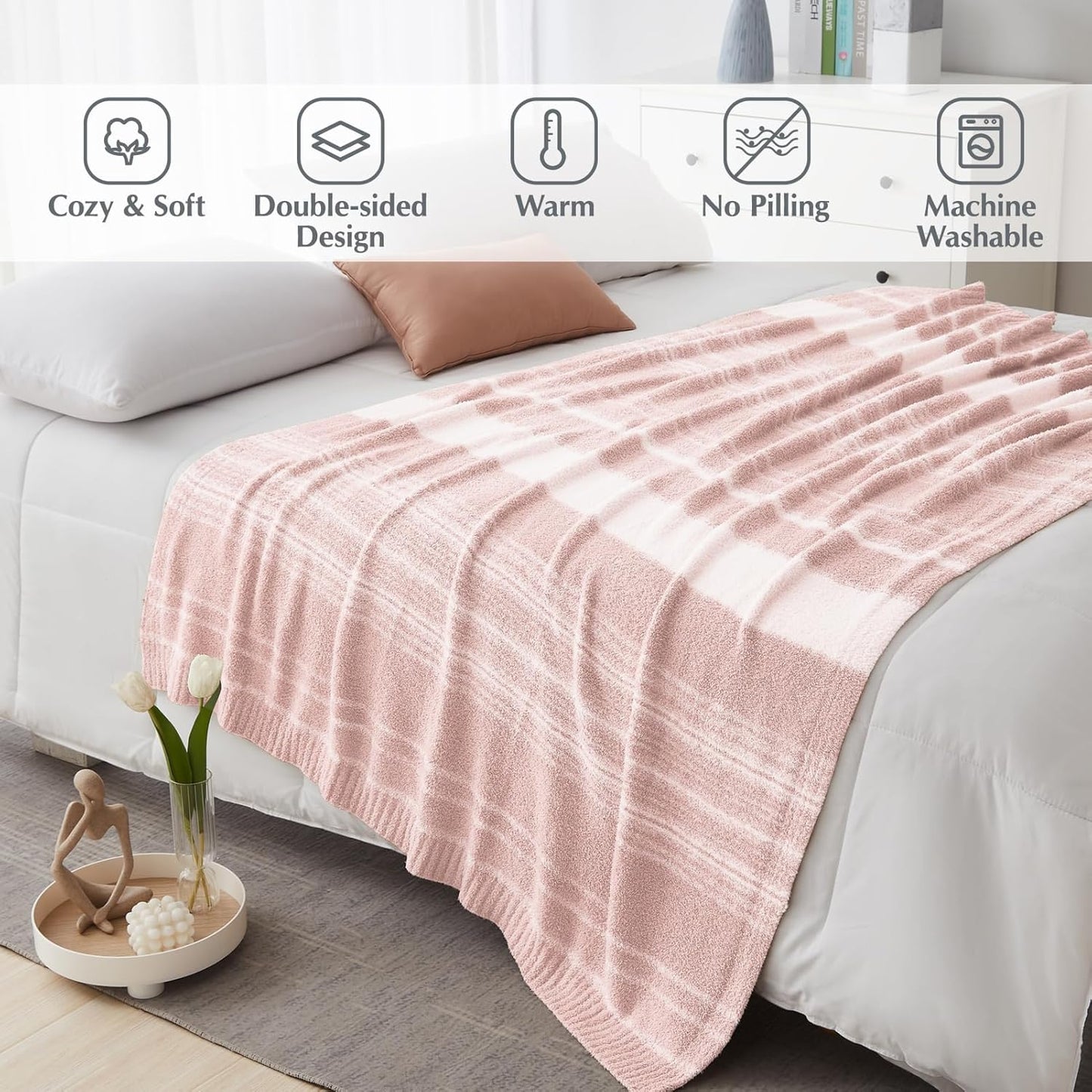 WRENGONGE Pink Throw Blanket, 50x70 Soft Cozy Striped Throw Blankets for Couch, Sofa, Bed, Travel, Lightweight Fluffy Warm Plush Decorative Blankets for Women, Men,Kids Gift