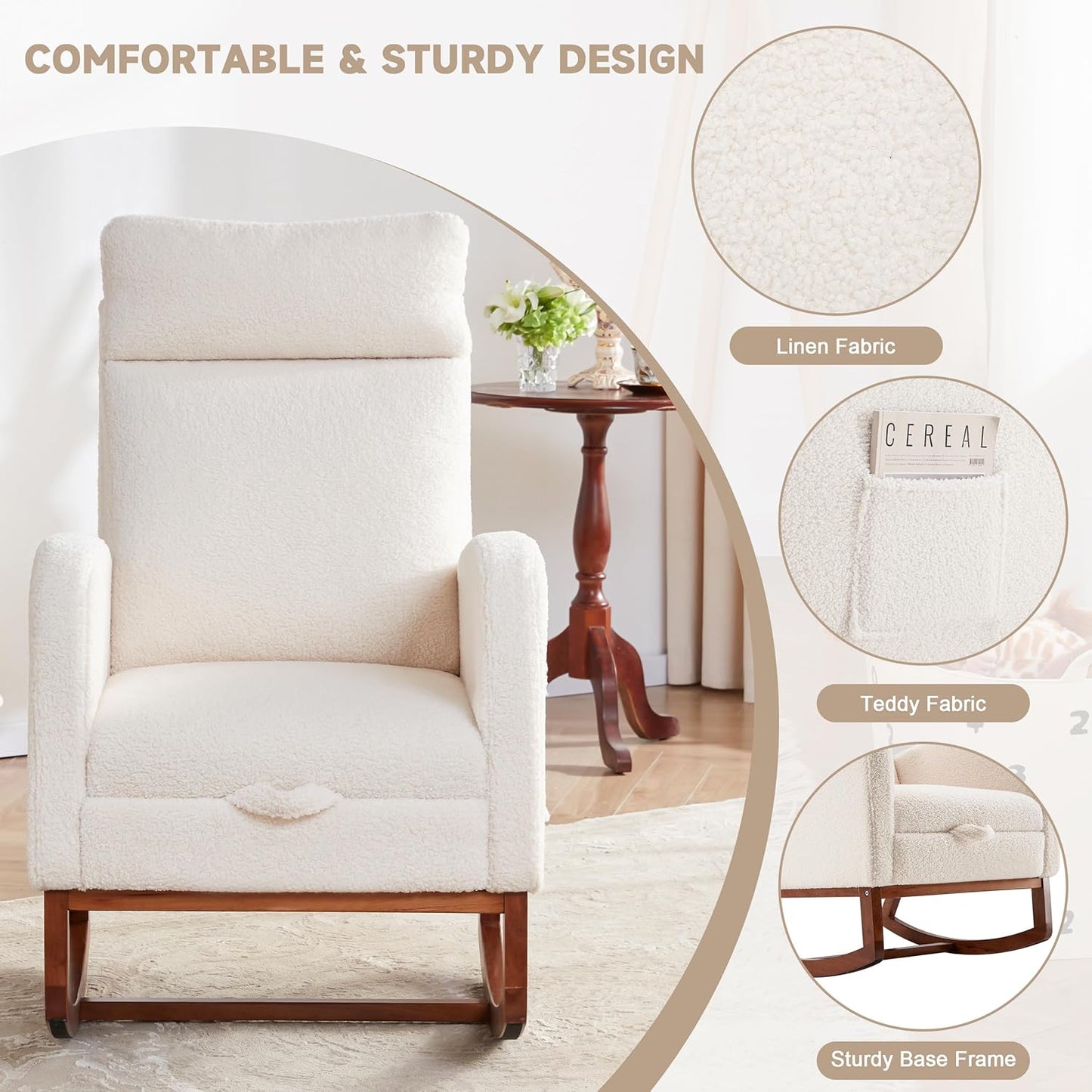 Nursery Rocking Chairs with Foot Rest, Rocking Chair Nursery Chair with High Back, Glider Rocking Chair, Baby Nursery Glider Rocker, Nursing Chair Accent Living Room (Teddy White)