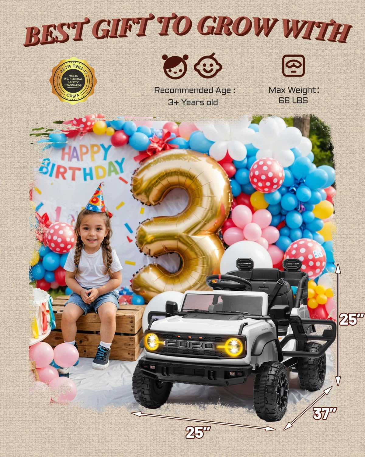 Ford Bronco Raptor 12V Toddler Ride on Toys, Safe Kids Ride on Truck with Remote Control, Children Electric Cars with 4 Wheels Suspension, Radio, Music, Bluetooth (12V, White)