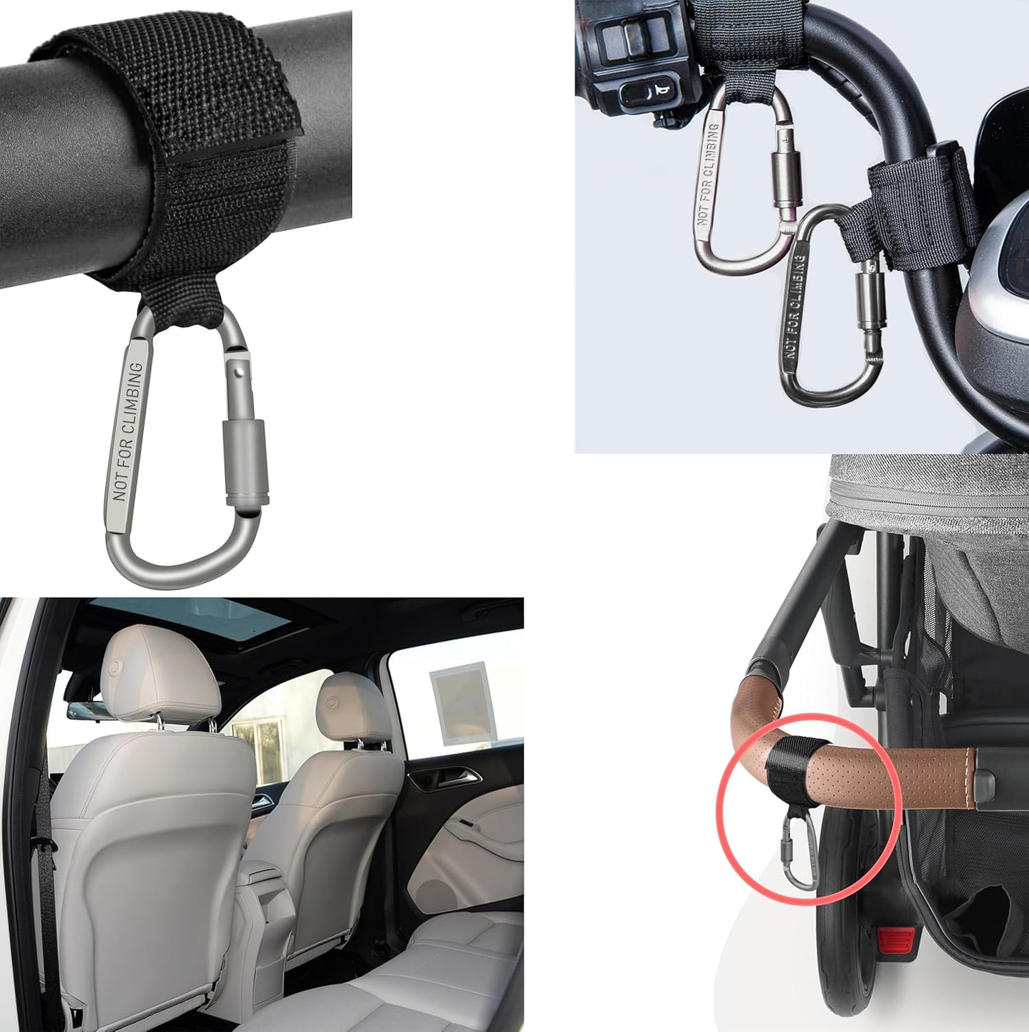 Baby Stroller Hook, Carry 30 lbs per Stroller Carabiner Clip, Adjustable Baby Stroller & Car Seat Hook for Hanging Diaper Bag, Wheelchair,Golf cart, Shopping and Pet Cart(2 Pcs Silver)