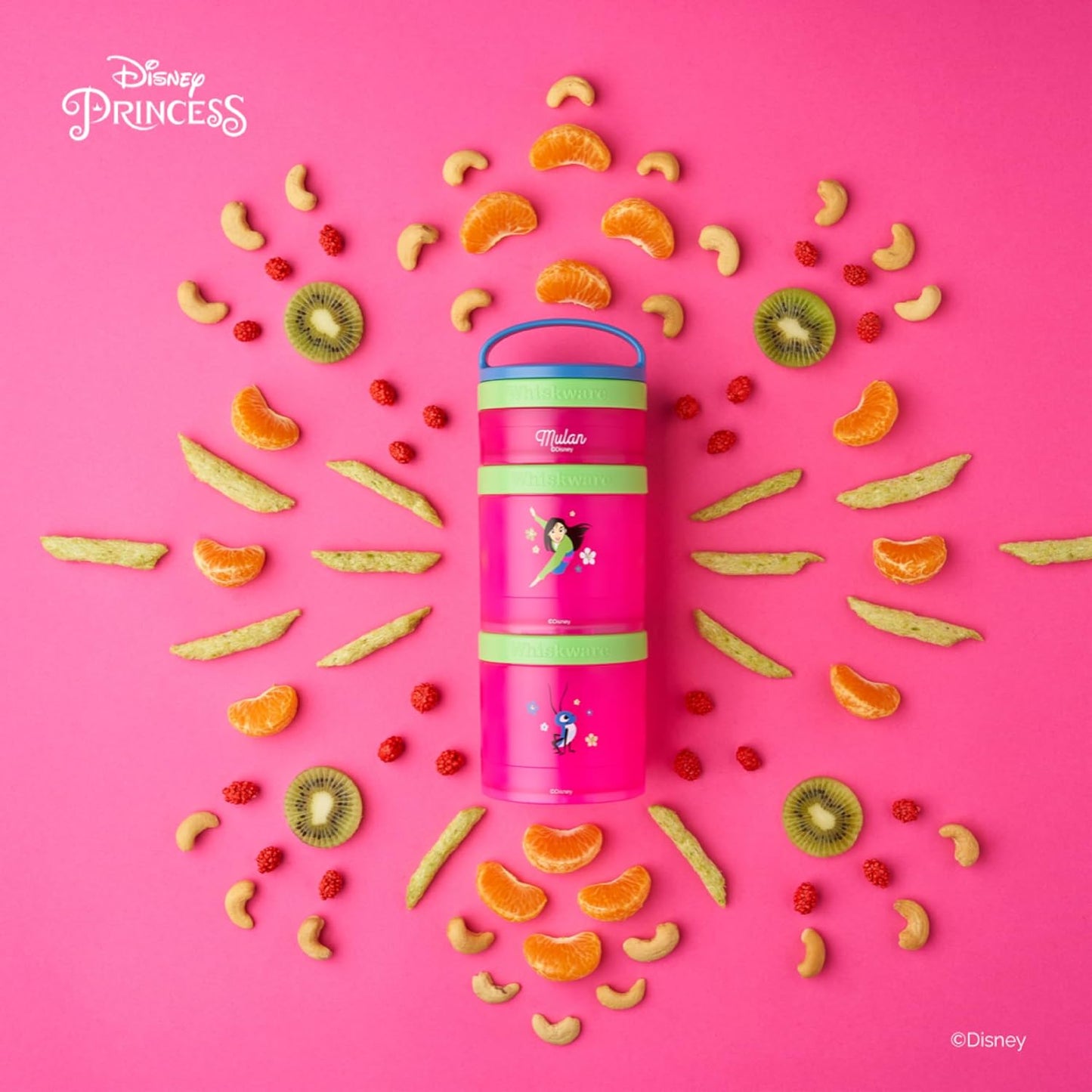 Whiskware Disney Princess Stackable Snack Containers for Kids, 3 Stackable Snack Cups for School and Travel, Mulan and Cri-Kee