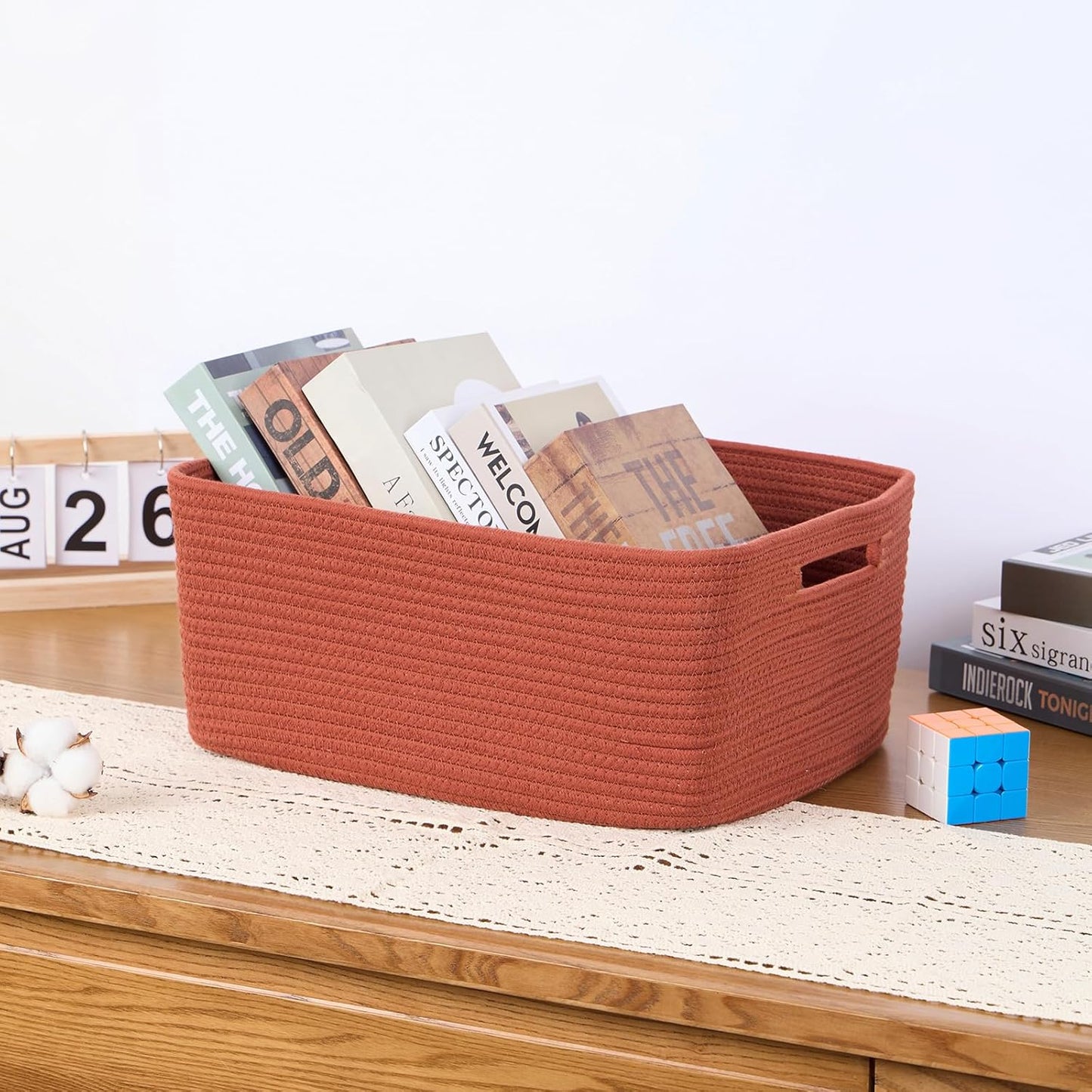 Large Storage Baskets for Organizing, Closet Shelf Baskets for Clothes Blanket Towels, Baby Nursery, Toy Bins Box, Woven Rope Baskets, 17 x 13 x 7.5”, 4 Packs Oxide Red