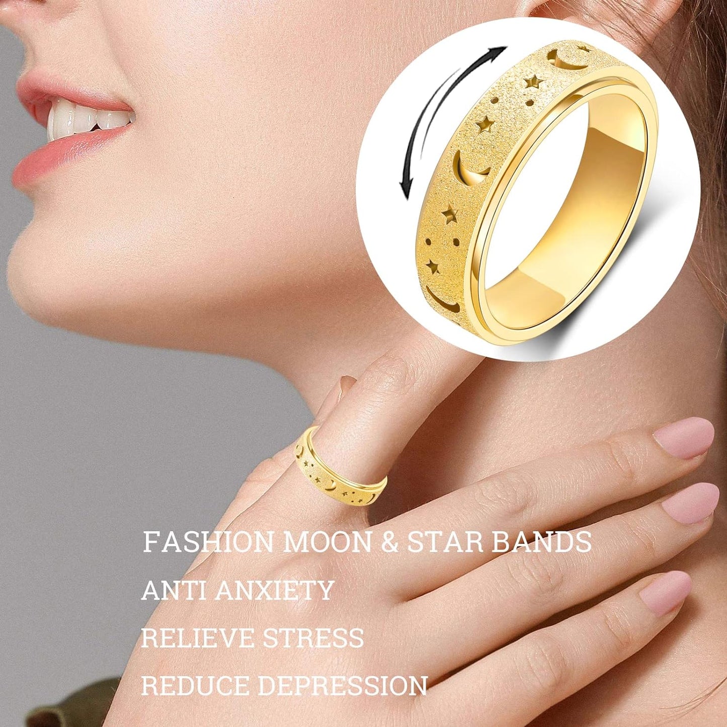 OreilleStar Anxiety Ring for Women Spinner Thumb Ring Stainless Steel Fidget Toys Adults Fidget Spinner Ring Moon Star Gold Size 10