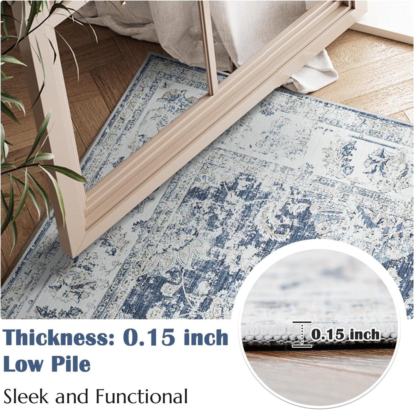 jinchan Floral 3x5 Area Rugs for Entryway - Machine Washable Taupe Vintage Distressed Design Doormat Non-Slip Ultra-Thin Low Pile Boho Rug for Kitchen Living Room Bedroom Farmhouse (3‘x5',Dark Blue)