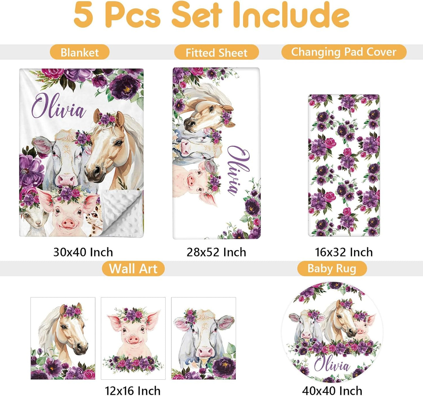 Custom Baby Crib Bedding Set, 5 Pcs Personalized Name Baby Crib Sets for Infant Toddler, Floral Horse Nursery Bedding Set for Baby Girls, Double Layer Baby Bedding Sets, Gifts for New Parents