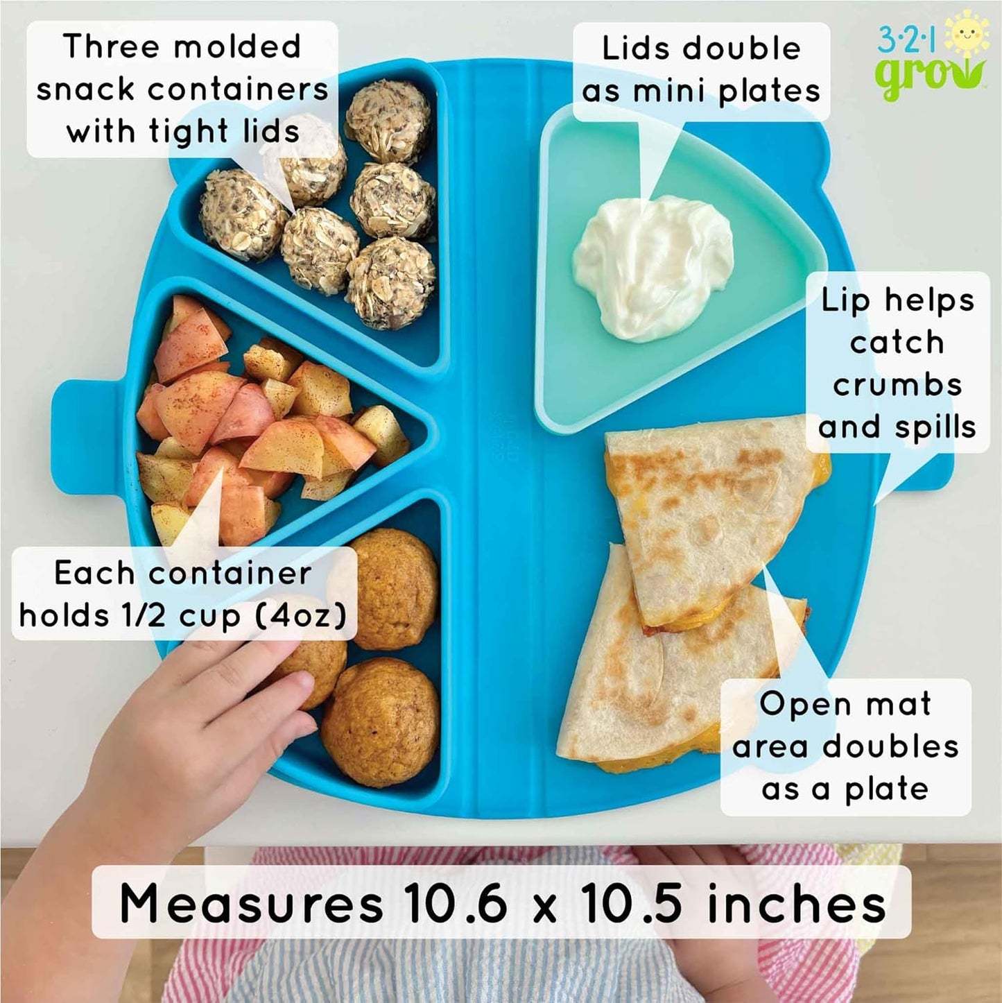 Silicone On-The-Go Snack Mat – Foldable Reusable Placemat with 3 Compartments and Lids – Travel-Friendly Baby and Toddler Snack Plate – Dishwasher Safe (Ocean)