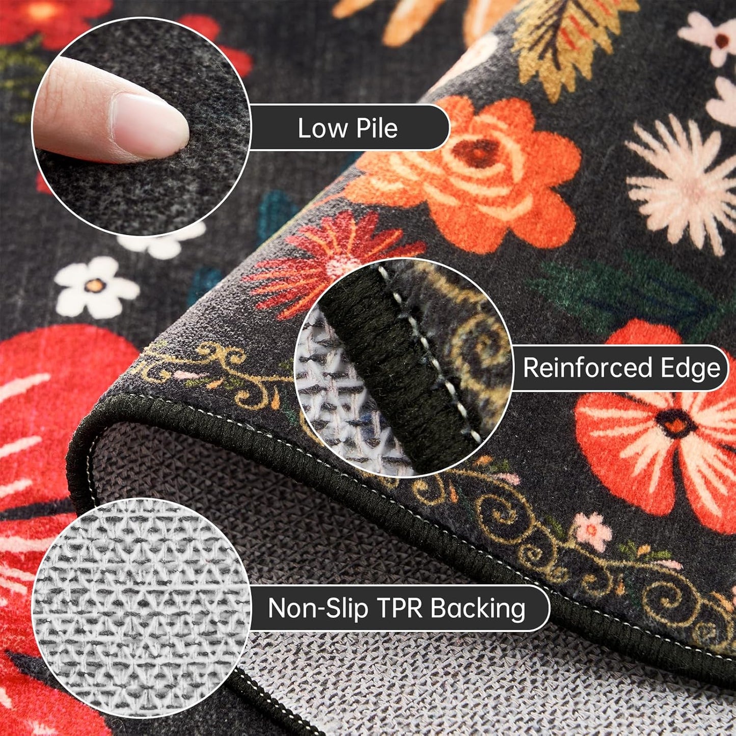 6x9 Living Room Rug Machine Washable Soft Faux Fur Low Pile Vintage Floral Modern Carpet Rugs Boho Non Slip Sound Absorbing Big Area Rugs for Bedroom Office Patio Dining Room Nursery Kids Room,Black