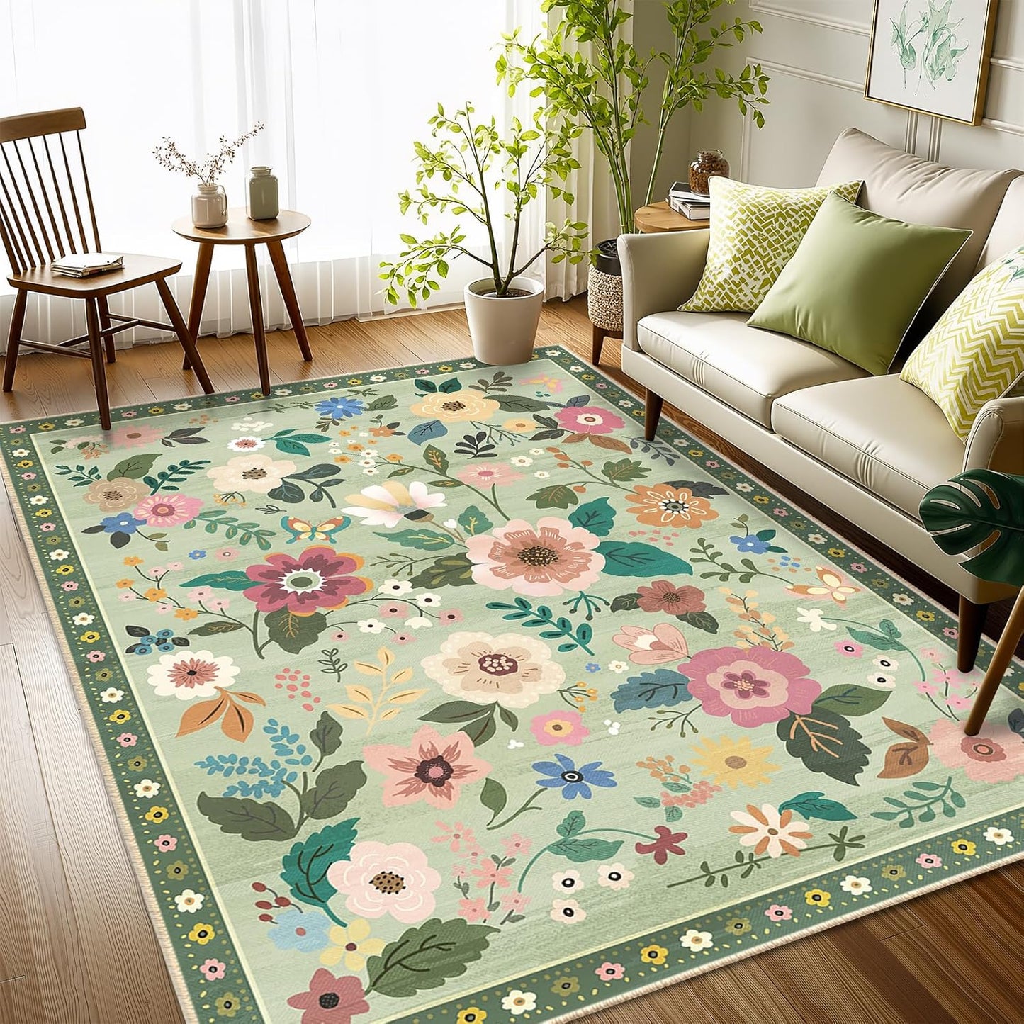 Floral 4x6 Area Rug Machine Washable Soft Print Boho Carpet Non Slip Doormat Low Pile Flower Area Rugs for Living Room Bedroom Nursery Kitchen Dining Room Indoor-Light Green