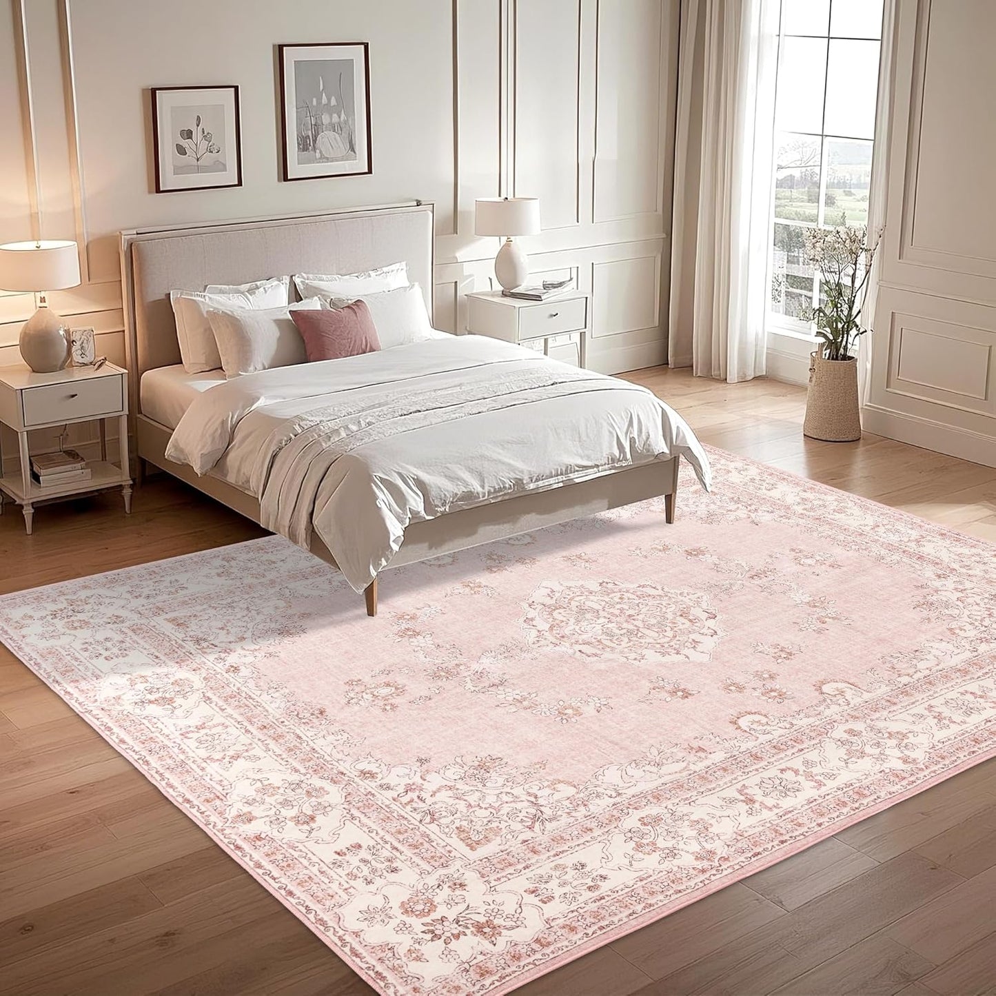 9x12 Area Rug Washable: Oriental Soft Area Rug for Living Room Bedroom No Shedding - Low Pile Thin Carpet Rug for Dining Room Non Slip - Boho Vintage Rug for Home Decor - Soft Pink