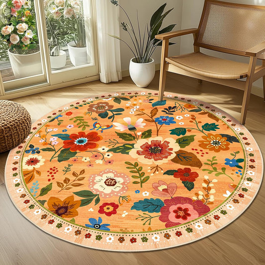 Floral 4ft Area Rug Machine Washable Soft Print Boho Carpet Non Slip Doormat Low Pile Flower Area Rugs for Living Room Bedroom Nursery Kitchen Dining Room Indoor-Yellow/Orange