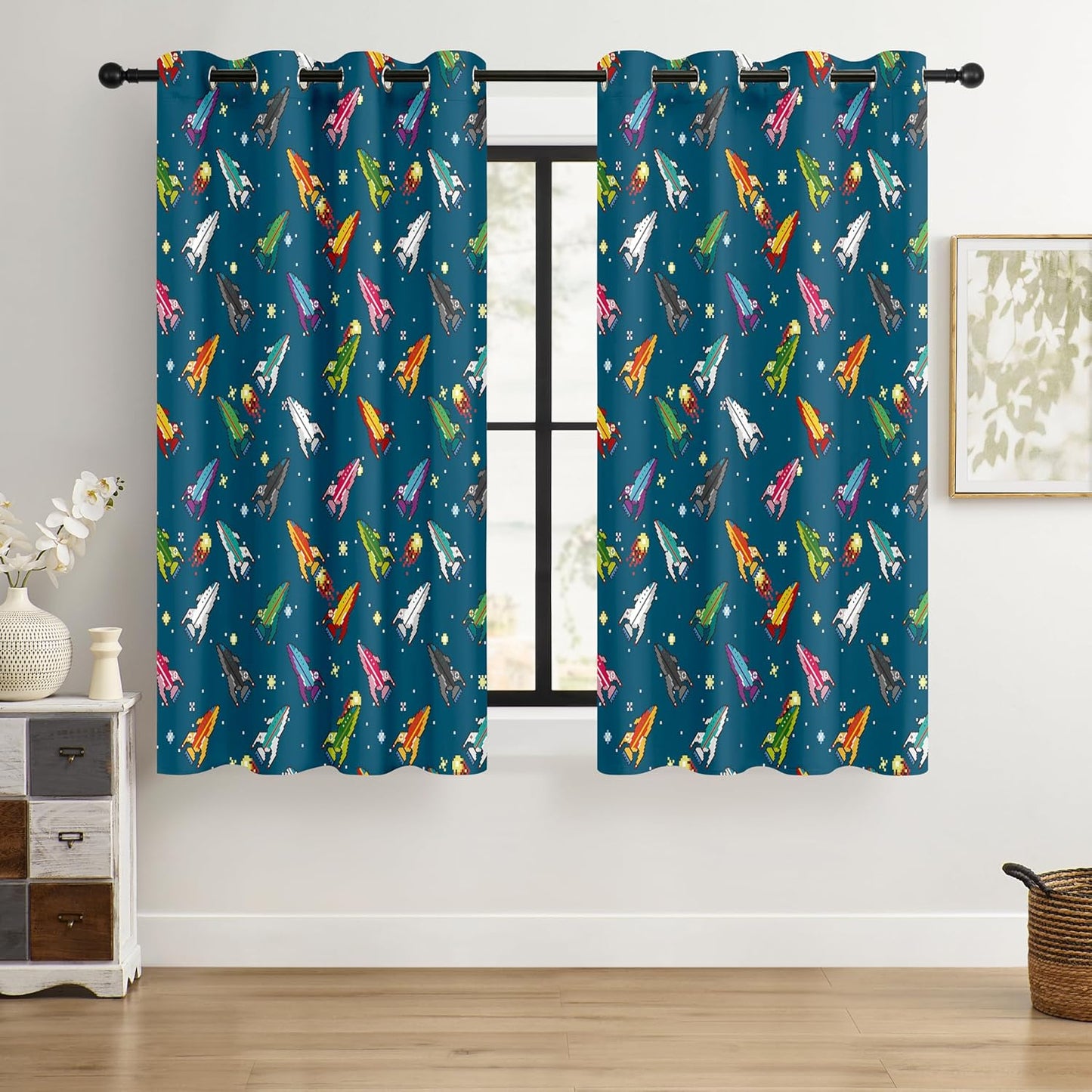 Kids Pixel Rocket Blackout Curtains - 100% Blackout, Thermal Insulated, Noise Reducing, Perfect for Kids Room and Nursery, 2 Panels (Pixel Rocket Fleet, W52×L63)