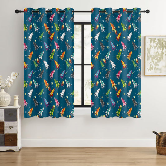 Kids Pixel Rocket Blackout Curtains - 100% Blackout, Thermal Insulated, Noise Reducing, Perfect for Kids Room and Nursery, 2 Panels (Pixel Rocket Fleet, W52×L63)