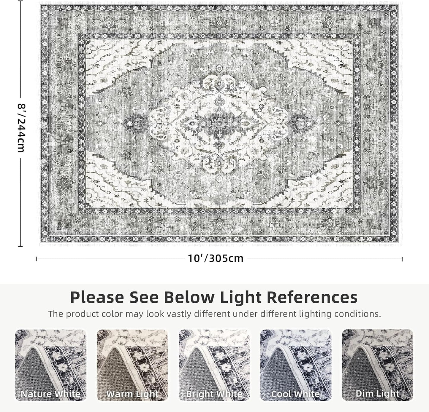 Deerly 8x10 Rug for Living Room Boho Washable Rugs Large Non-Slip Distressed Carpet Area Rug Oriental Neutral Print Floor Rug Indoor Stain Resistant Border Grey/Navy