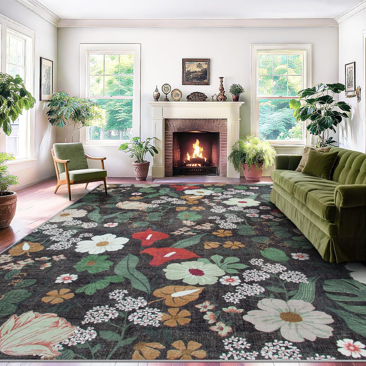8x10 Area Rug for Living Room: Vintage Floral Washable Rug Soft Boho Non Slip Carpet Large Indoor Floor Non Shedding Low Pile Thin Carpets for Bedroom Dining Room Farmhouse Nursery Home Office Green