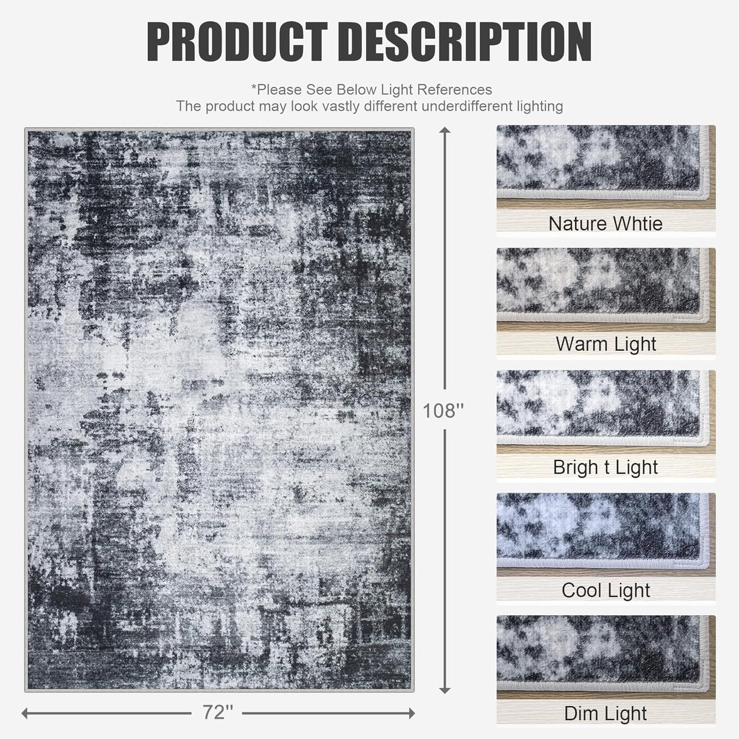 6x9 Area Rug Living Room Rug: Washable Modern Abstract Soft Thin Rug Indoor Floor No Slip Stain Resistant Carpet for Bedroom Dining Room Farmhouse Nursery Home Office - Dark Black