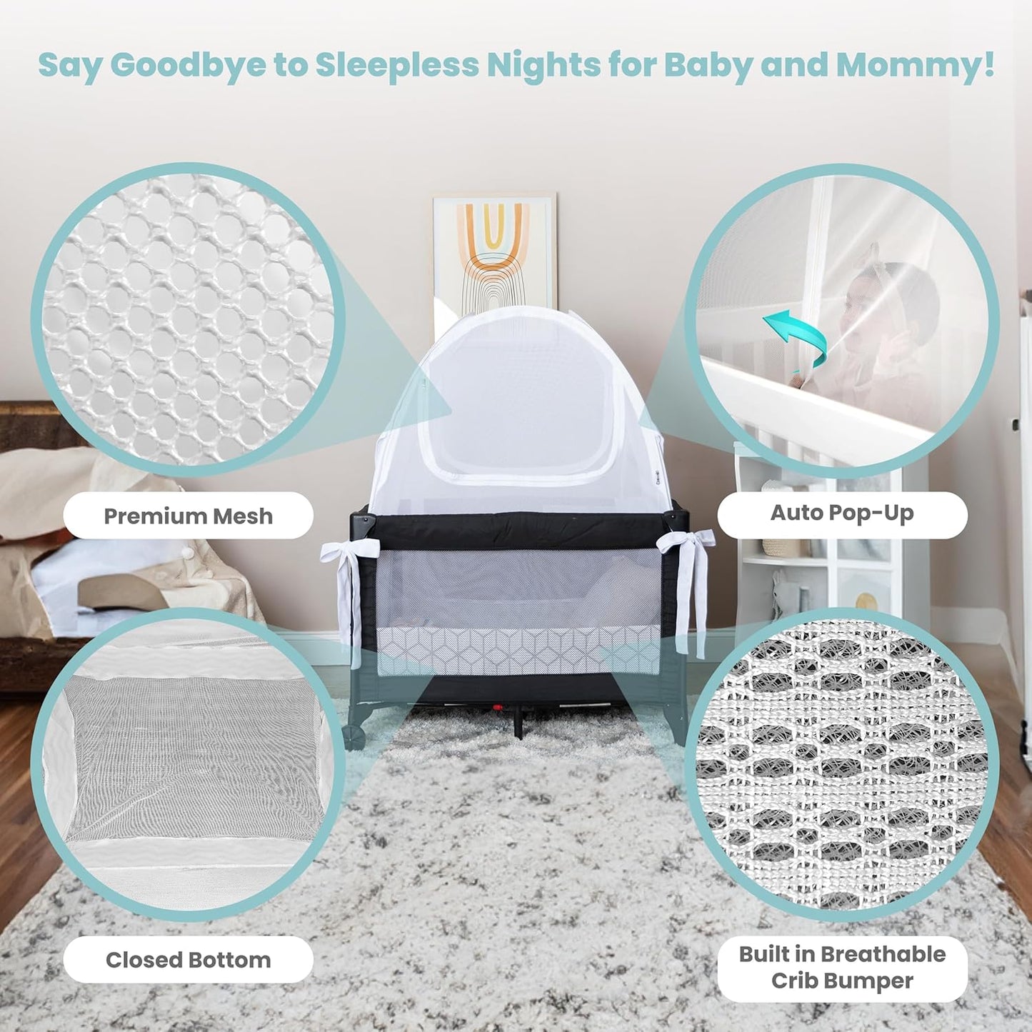 Premium Pack n Play Tent, Mini Crib Tent to Keep Baby from Climbing Out, Auto Pop Up Pack and Play Tent with Auto-Lock Zippers, Thick Velvety Breathable Mesh (Geometric Cubes)