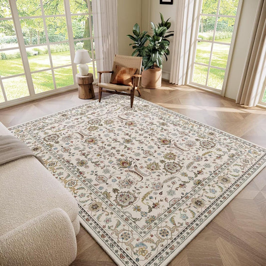 Washable 6x9 Area Rugs for Living Room, BoHo Non-slip Silicone Backing Large Rug for Bedroom Dining Room Nursery Office, 0.3" Neutral Oriental Throw Carpet with 0.16" Cushioning Pad, Light Beige/Multi