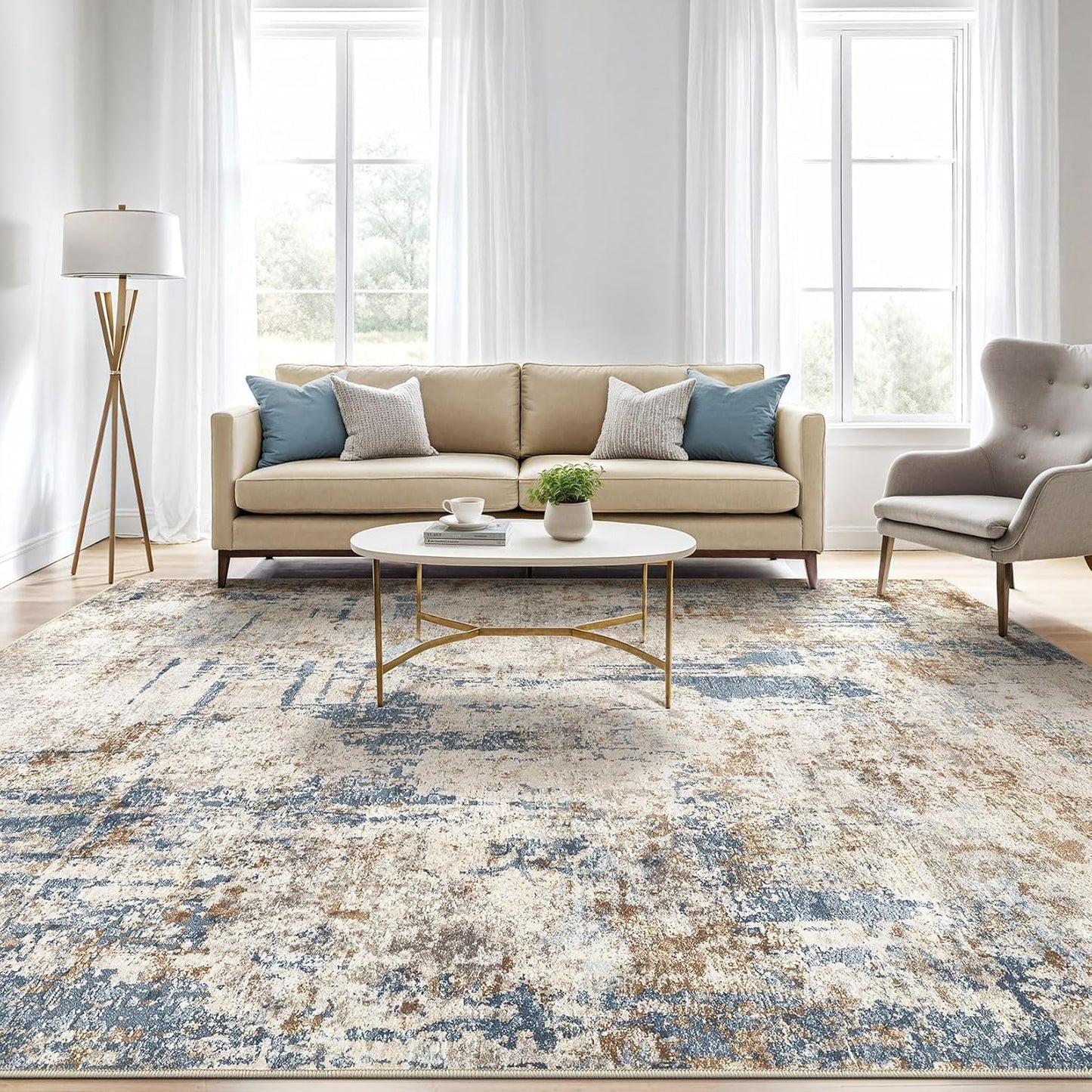 10x12 Area Rug Living Room: Washable Large Abstract Modern Soft Rugs Stain Resistant Indoor Floor Non Slip Accent Carpet for Bedroom Nursery Playroom Office Dining Room Dorm Home House- Tan Blue