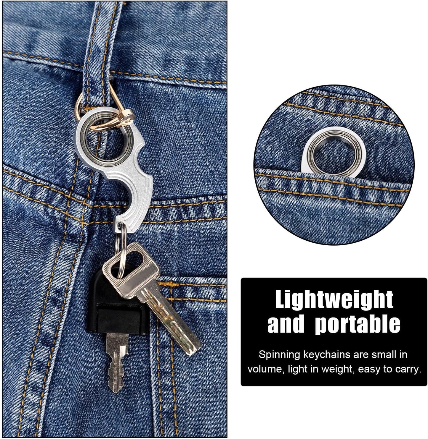 2pcs Key Chain Spinner Toys 0.67" Inner Diameter with 2pcs Key Rings, Finger Fidget Keychain Key Ring Spinner Toy Gifts for Kids Adults Finger Exercising Anxiety Relief (Black, Silver)