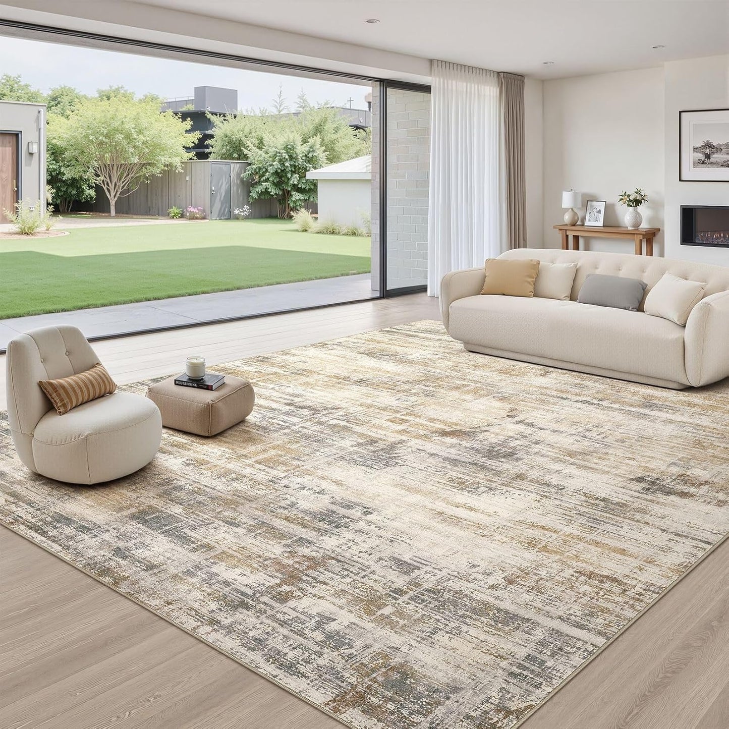 Area Rug for Living Room: 12x15 Washable Neutral Abstract Modern Soft Rugs Non Slip Indoor Floor Stain Resistant Large Carpet for Bedroom Dining Room Office Nursery - Golden Brown