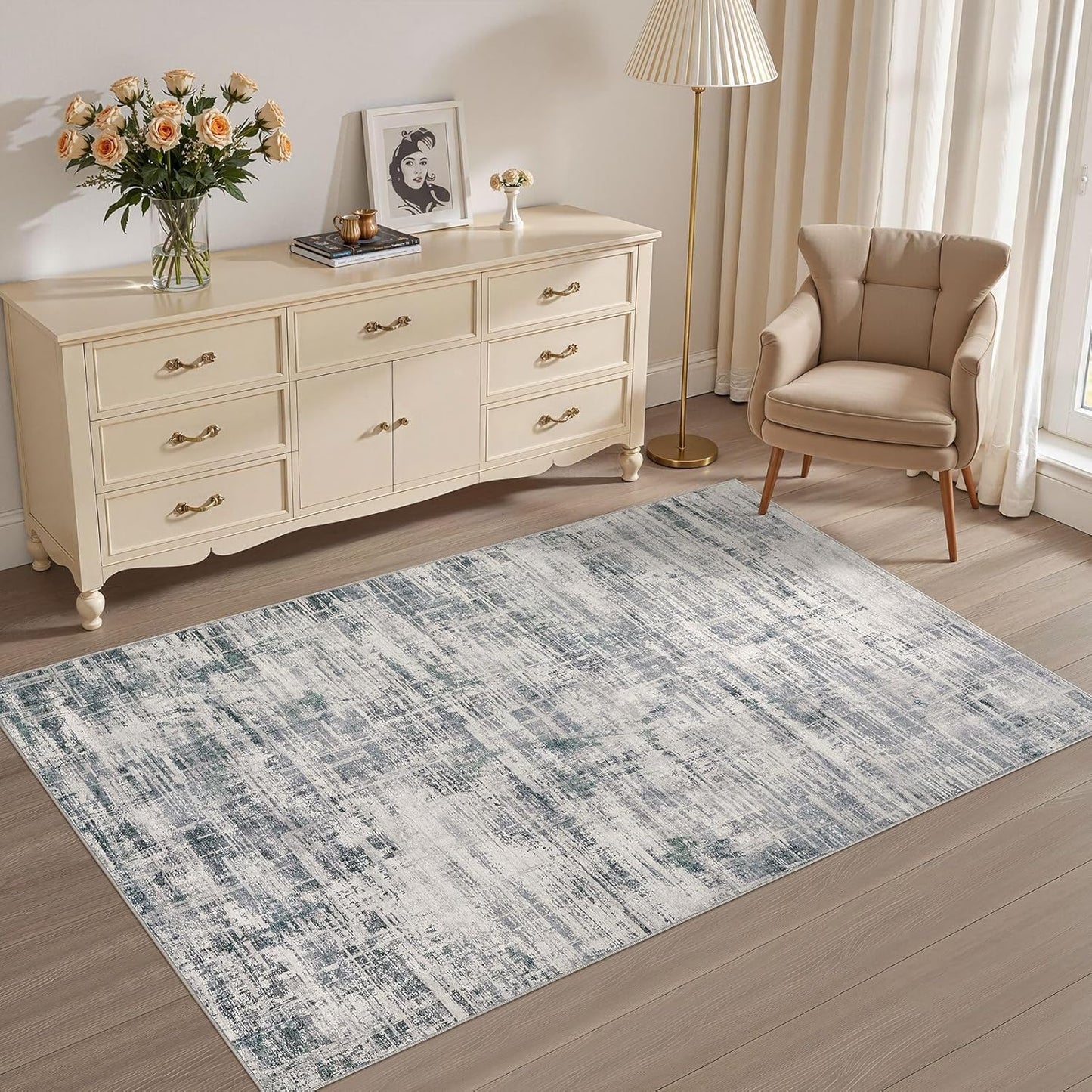 Area Rug for Living Room: 3x5 Washable Neutral Abstract Modern Soft Rugs Non Slip Indoor Floor Stain Resistant Carpet for Bedroom Dining Room Office Nursery - Gray