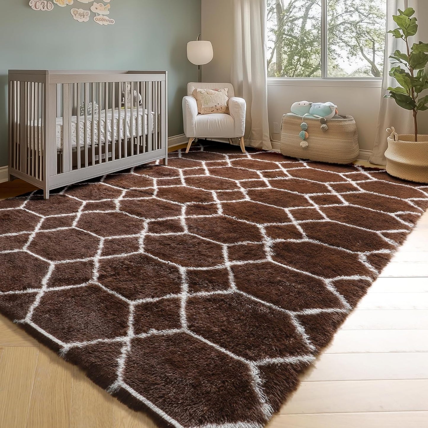 ONASAR 5x7 Area Rugs for Living Room Bedroom, Washable Fluffy Brown and White Throw Rug, Geometric Boho Soft Plush Shaggy Floor Bedside Carpet Mat for Nursery Kids Girls Boys Teen Dorm Home Decor