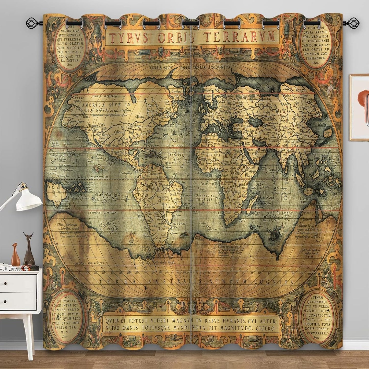 Aimego World Map Blackout Curtains Vintage Nostalgic Printing Design Old World Map Window Drapes Decor for Bedroom Living Room Grommet Top Room Darkening Curtains 2 Panel Set, 52"X84"