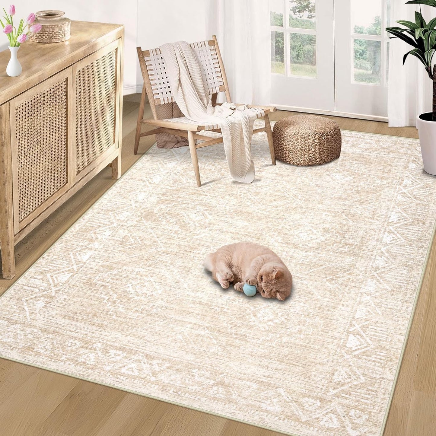 Vintage Moroccan Trellis Area Rug - 3x5 Machine Washable Boho Geometric Farmhouse Rugs Neutral Stain Resistant Non Slip Indoor Carpet for Entrance Bedroom Dining Room Nursery Home Office (3x5, Beige)