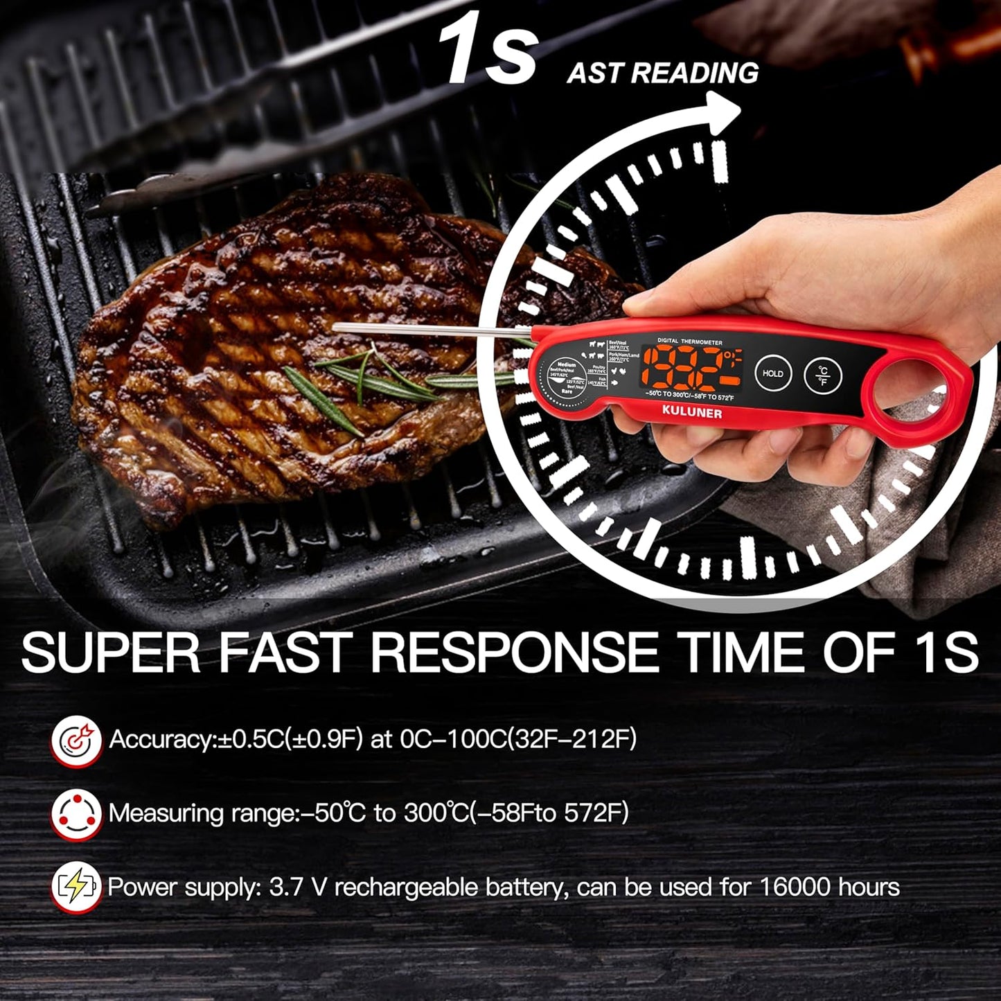1-Second Rapid and Accurate Meat Thermometer - Waterproof Multifunctional Kitchen Food Thermometer, Ideal for Frying, Smoking, Grilling and More(Red)