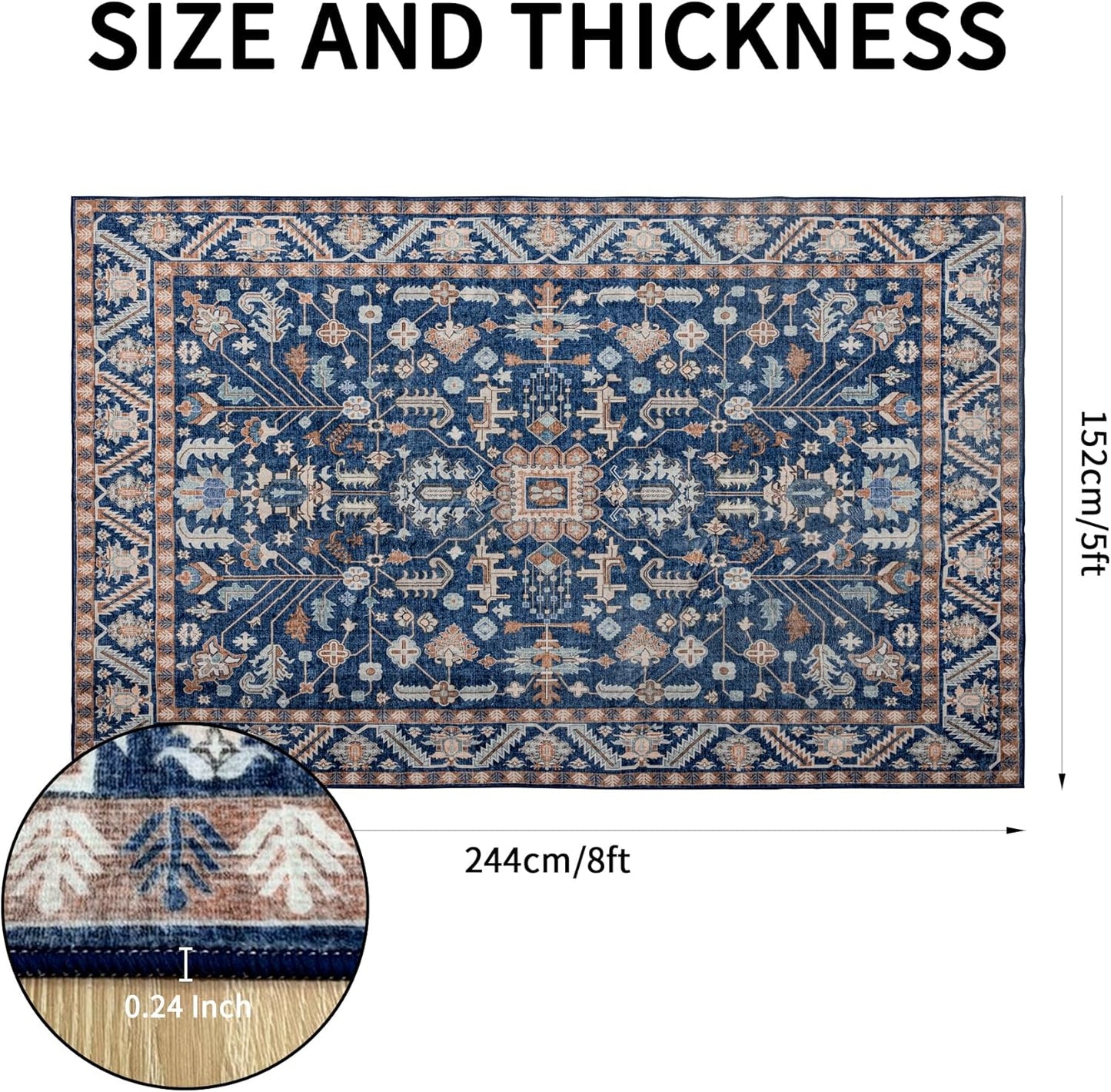 5x8 Area Rug Washable: Oriental Soft Area Rug for Living Room Bedroom No Shedding - Low Pile Thin Carpet Rug for Dining Room Non Slip - Boho Vintage Rug for Home Decor - Navy Blue