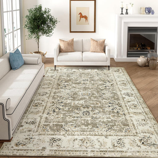 jinchan Washable Area Rug 8x10 for Living Room - Soft Faux Wool Ultra-Thin Stain Resistant Non-Slip Distressed Vintage Floral Large Carpet for Bedroom,Dining Room,Home Office,Nursery(Taupe, 8'x10')