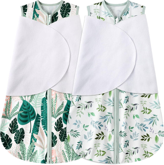 Newborn Sleep Sack Baby Swaddle,6-12 Months,3-Way Adjustable Wearable Blanket,100% Rayon Cotton Swaddling Sleeping Bag，TOG 0.5（Banana&Leaf）