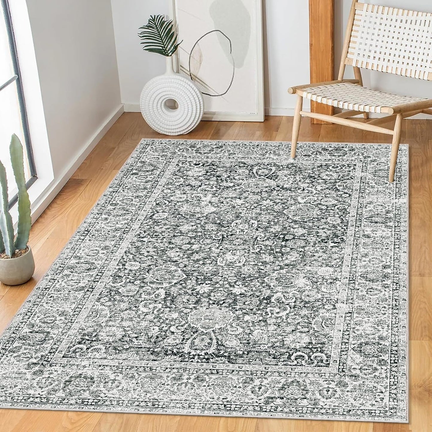 Deerly Area Rug 3x5 Area Rug with Non-Slip Backing, Washable Rugs for Bedroom Living Room Kitchen, Distressed Carpet Printed Low-Pile Soft Dorm Rug Room Decor(Grey)