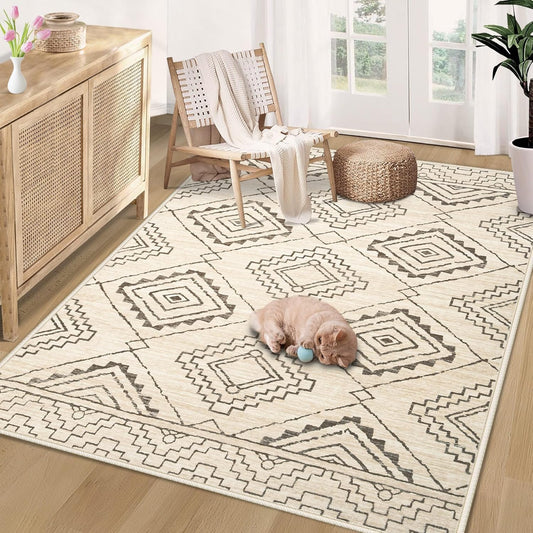 Moroccan Area Rug 4x6 - Washable Boho Geometric Rugs Non-Slip Entryway Rug, Neutral Farmhouse Rugs Soft Throw Rug for Entrance Hallway Bedroom Kitchen Nursery(4'x6',Ivory)