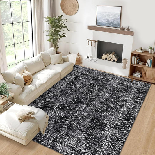 COZYLOOM 4x6 Washable Rug for Bedroom Vintage Non Slip Large Area Rug Geometric Soft Throw Rugs Low Pile Stain Resistant Carpet for Office Dining Room Living Room, Black